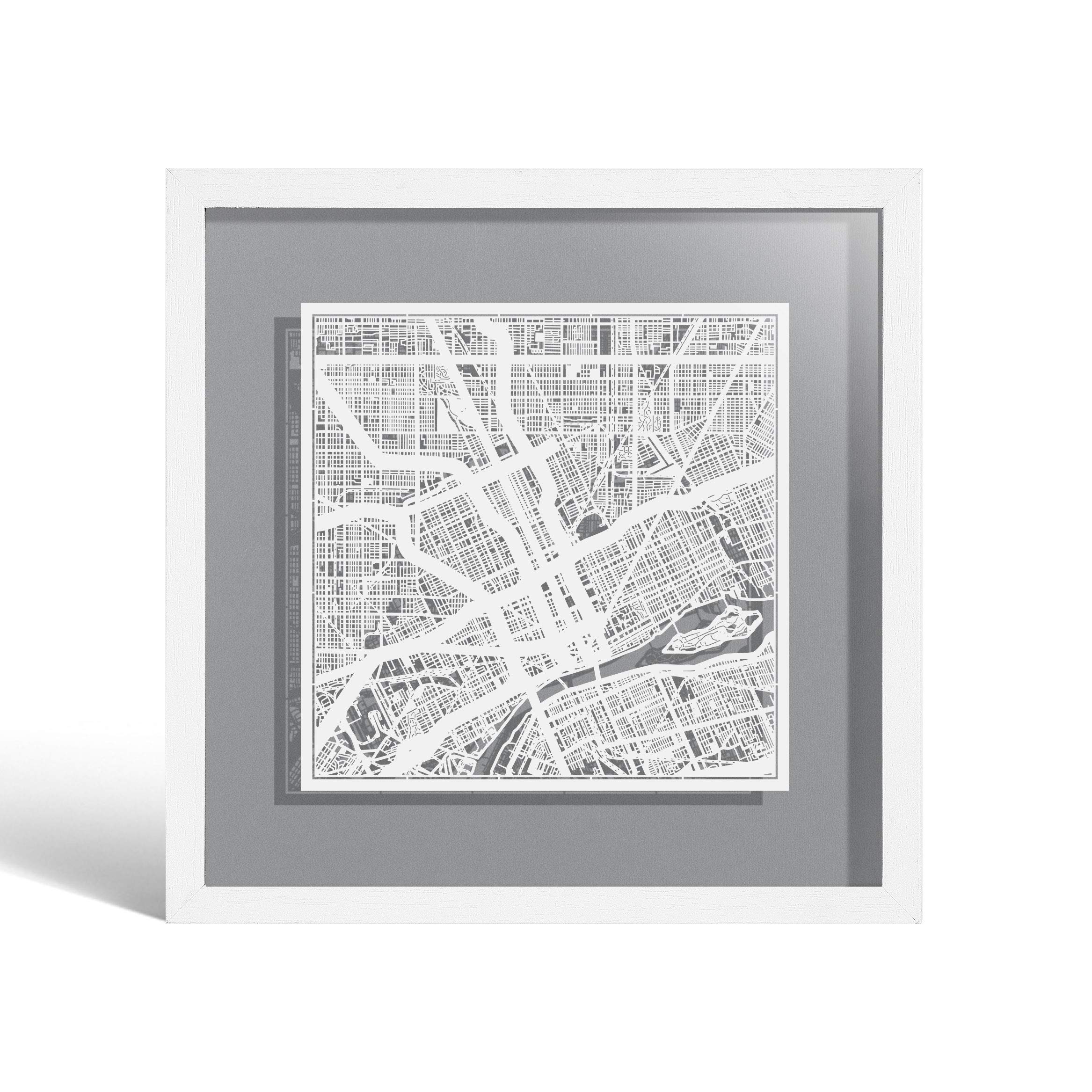 O3 DESIGN STUDIO Detroit Paper Cut Map framed, White map, White frame, 9x9 inches, Gift Boxed, 4 background color, self-changing, Paper Art โ image 1