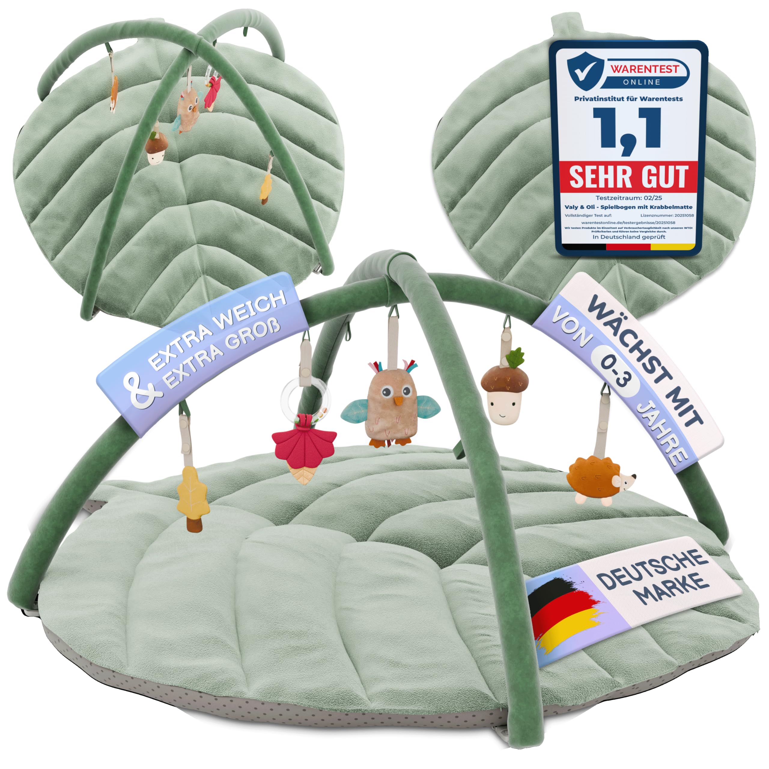 Valy&Oli® Spielbogen Baby XXL - Extra Weiche Spieldecke Baby inkl. 5 Höhenverstellbaren Sensorischen Spielzeugen - Spielebogen Babies zur Motorik & Sinnesförderung, Baby Play Mat & Baby Gym