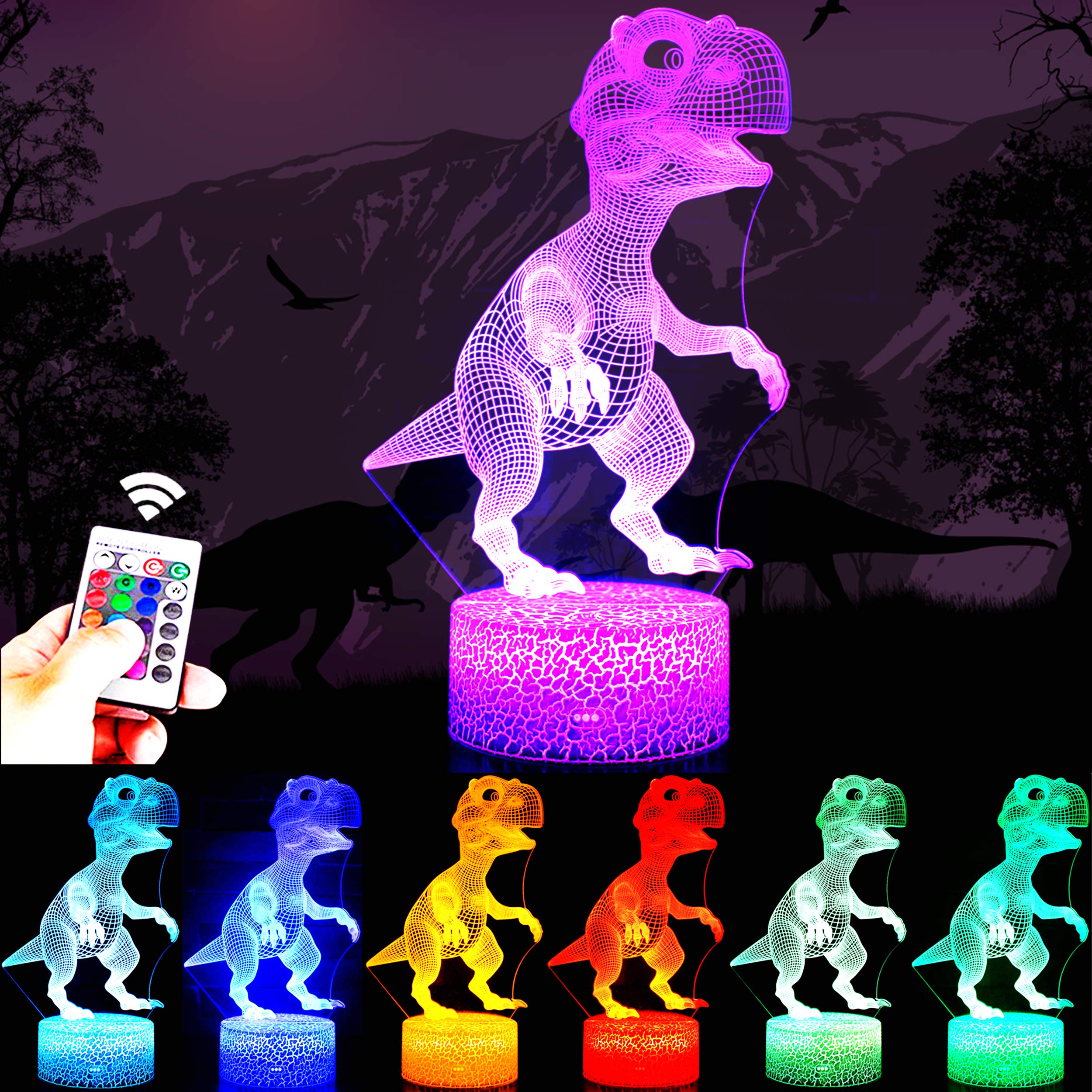 RONGGE Dinosaur Toys, Children 3D Illusion Table Lamp Remote Control Dinosaur Night Light for Kids 2 3 4 5 6 7 8-12 Year Old Boys Birthday Gifts