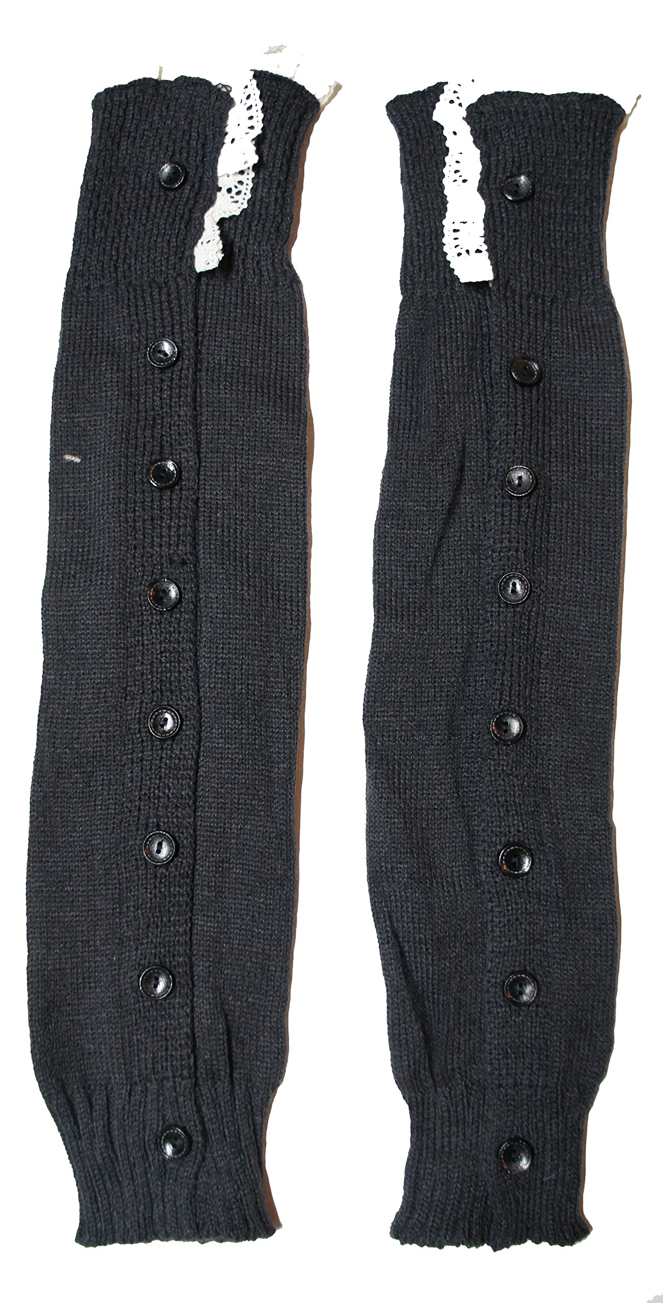 CHARCOAL DARK GRAY Slouchy Knit Button Up Lace Leg Warmers Boot Covers