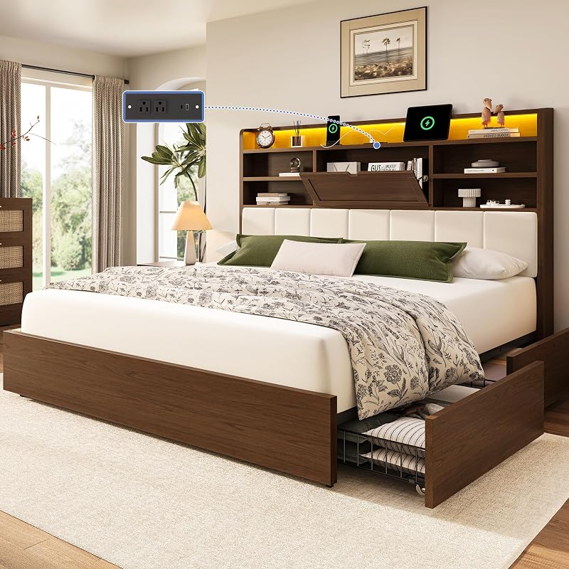 BRELTAM Queen Size Wooden Bed Frame with 4 Storage Drawers and 51.3" Tall Hidden Storage Headboard Upholstered Platform Bed Frame with LED Lights and Charging Station, No Box Spring Needed, Brown