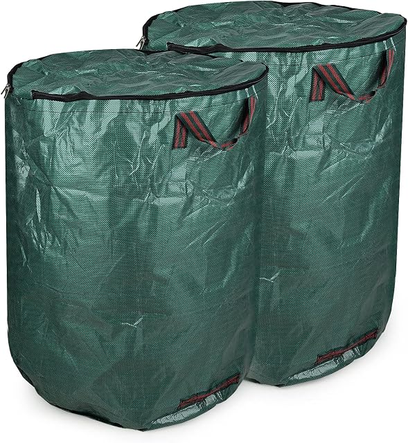 Garden Waste Bag with Lid,aPlalloke 120L Garden Sacks Heavy Duty Green Grass Bags with Handles Reusable Leaf Bag Foldable 2Pack
