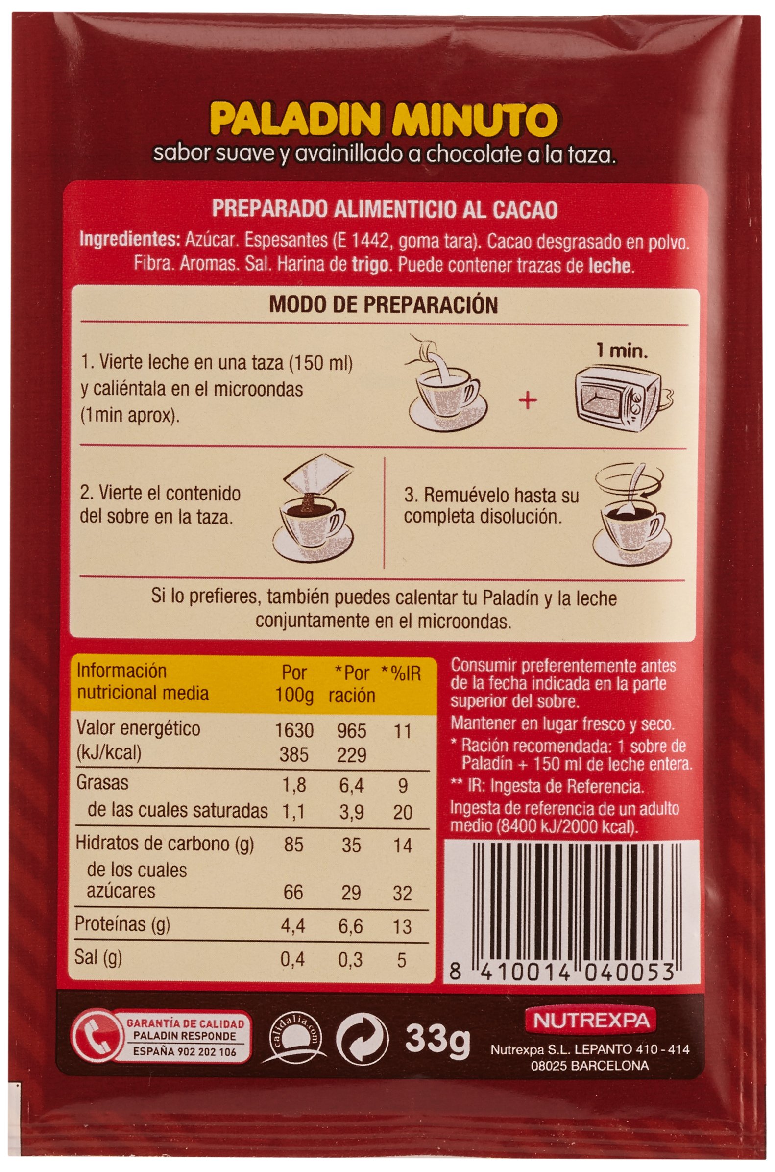 Paladin Chocolate Instante - Paquete de 30 x 33 gr - Total: 990 gr