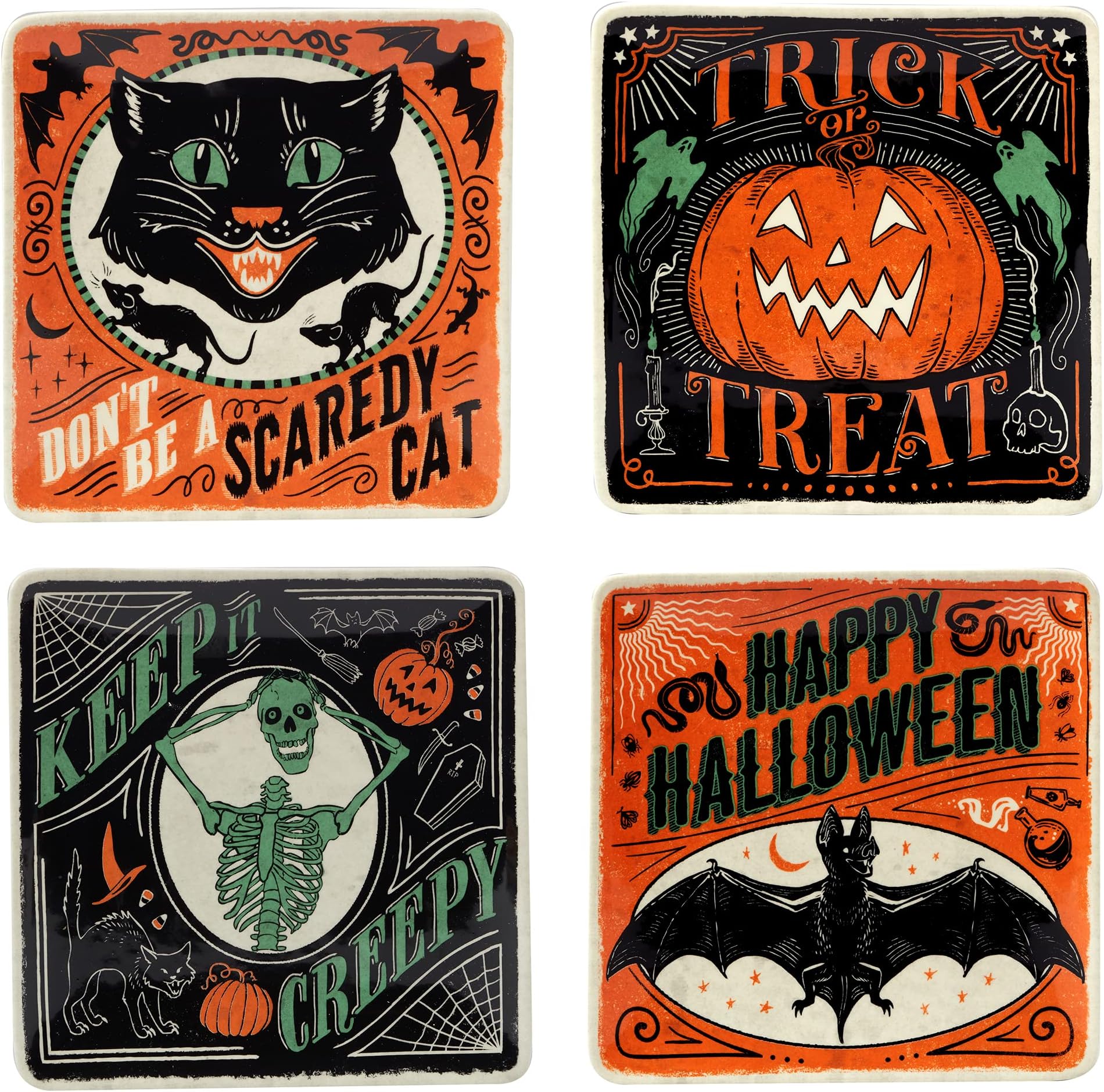 Certified International Scaredy Cat 8.5" Dessert/Salad Plates, Assorted Designs, Multicolor, Medium, Set of 4