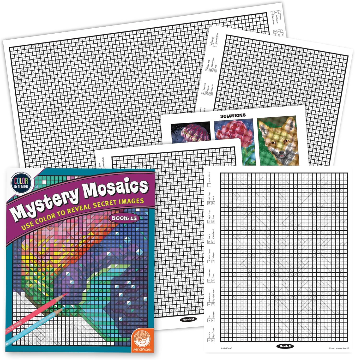 MindWare Color by Number Mystery Mosaics Book 15 – Number-Guided Hidden-Image Coloring Activity Book, Ages 6+