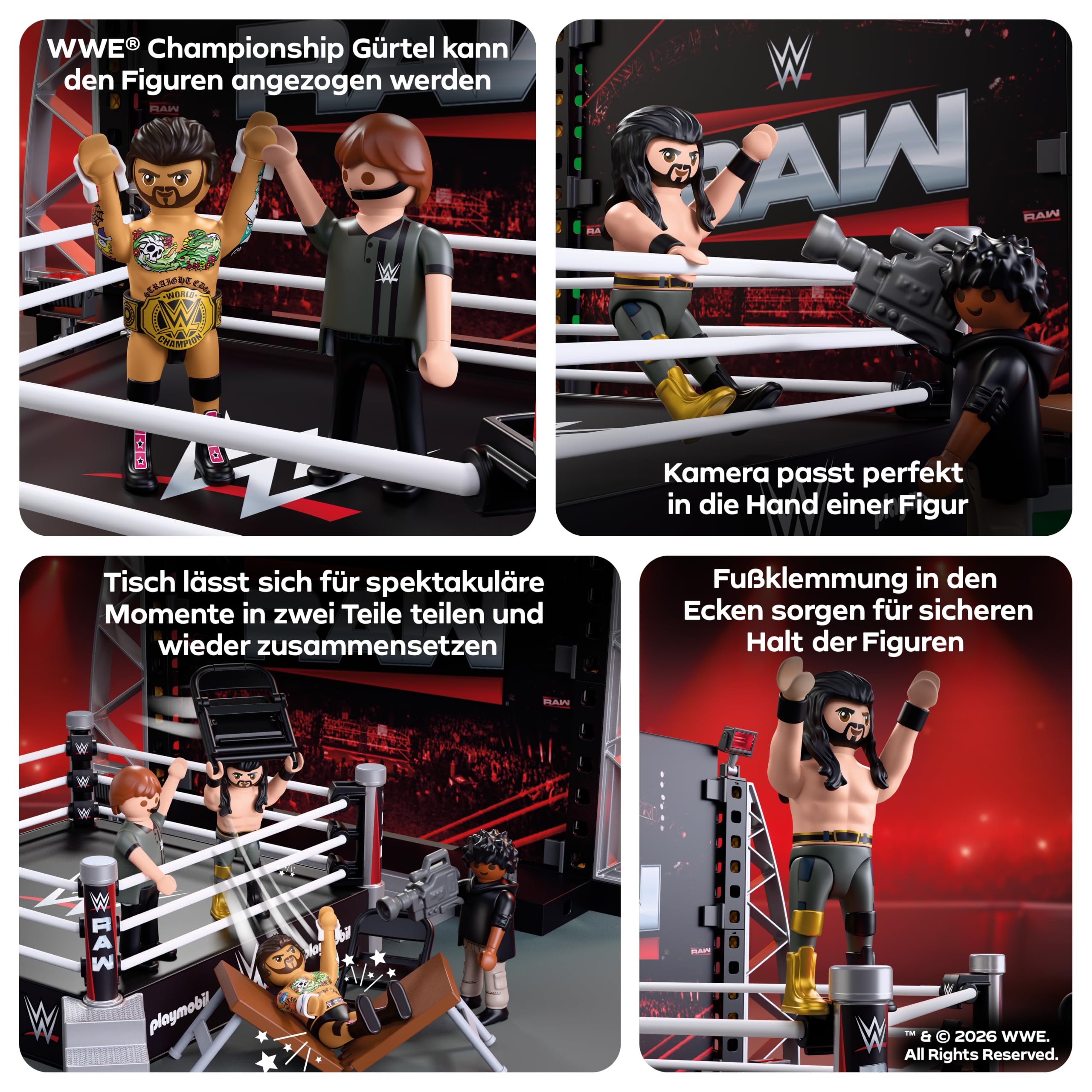 PLAYMOBIL | WWE® | RAW Ring Collectors Set | Wrestling‑Ring mit cm Punk, Seth Rollins, Ringrichter, Kameramann & Zubehör | Für Fans ab 5 Jahren | 71956