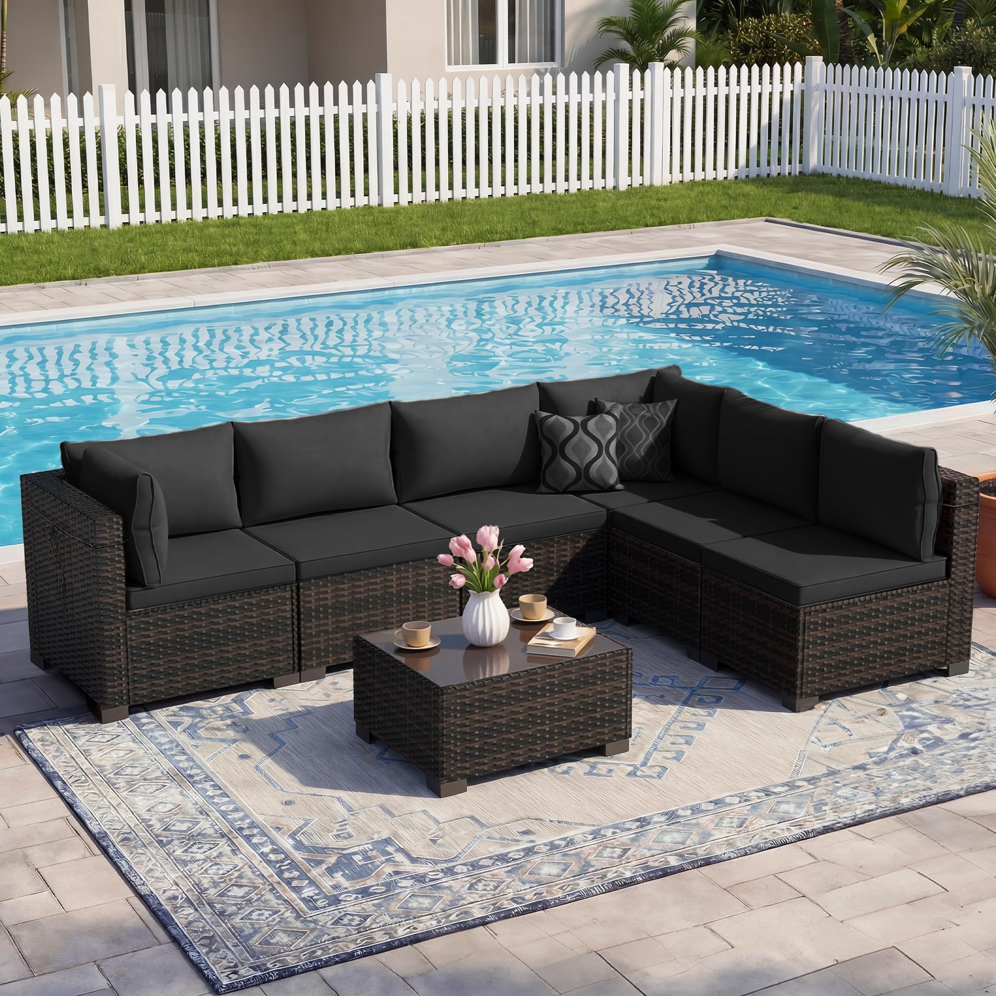 CHABATREE 7pcs Outdoor Patio Furniture Sets,Rattan Conversation Sectional Set,Manual Weaving Wicker Patio Sofa with Tea Table