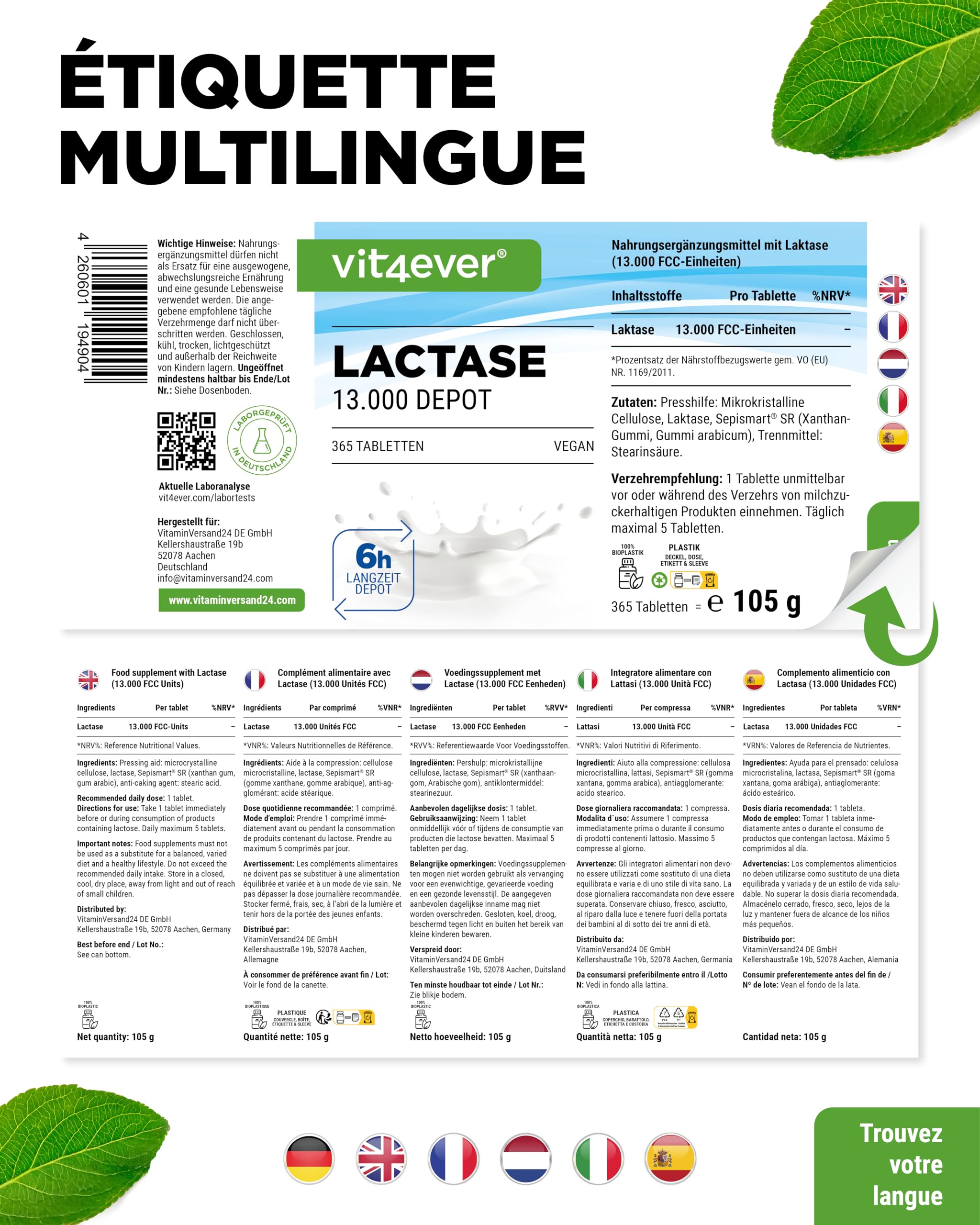 Lactase 13 000 Depot - 365 Comprimés à Libération Prolongée (Sepismart® Slow Release) - Hautement Dosé avec 13 000 Unités FCC - Pour Intolérance au Lactose et Intolérance au Lait - sans Additifs