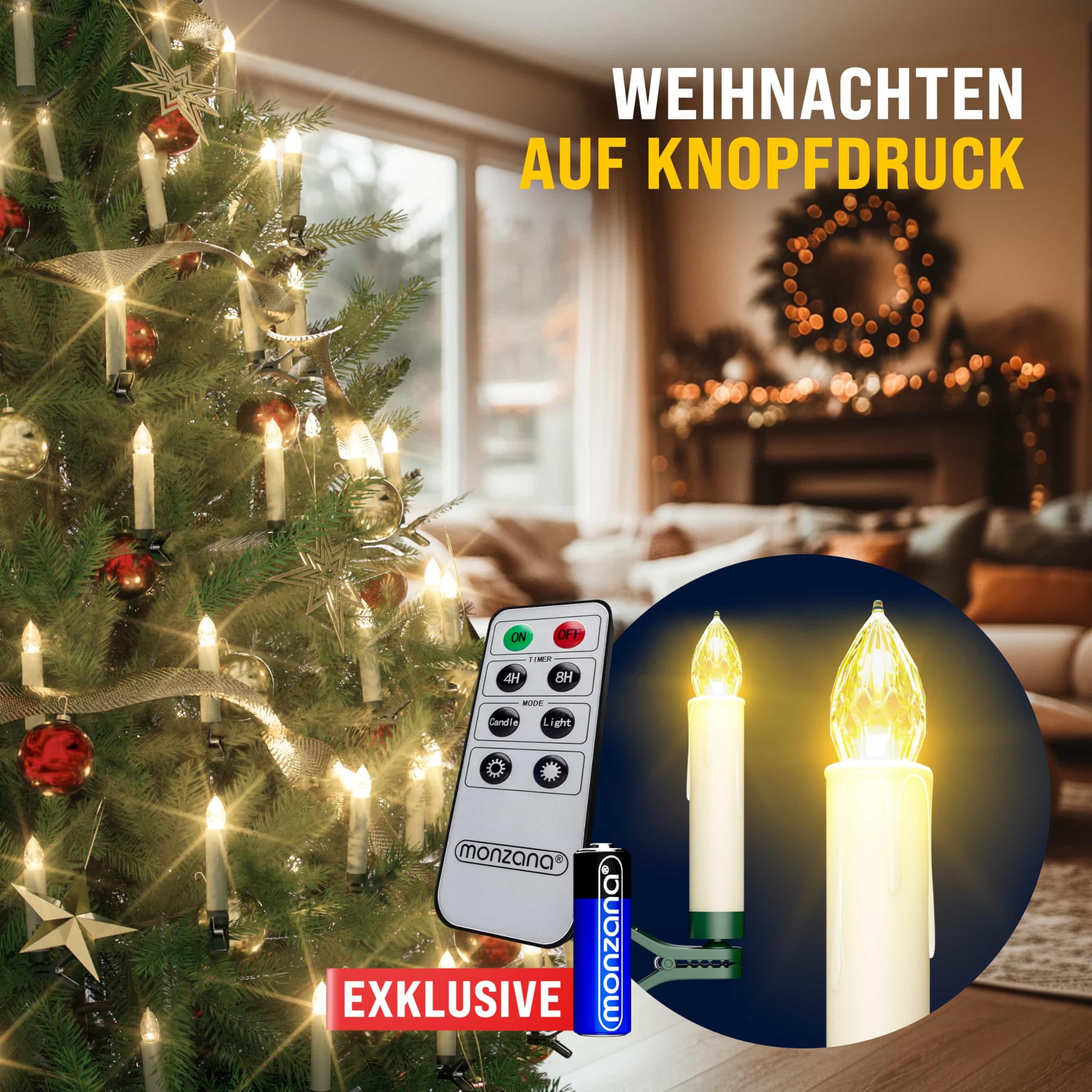 DEUBA® Weihnachtsbaumkerzen LED Kabellos 30er Set Batterie Timer Fernbedienung Echtwachs Optik Lichterkette Weihnachten Flackernd Warmweiß Christbaum