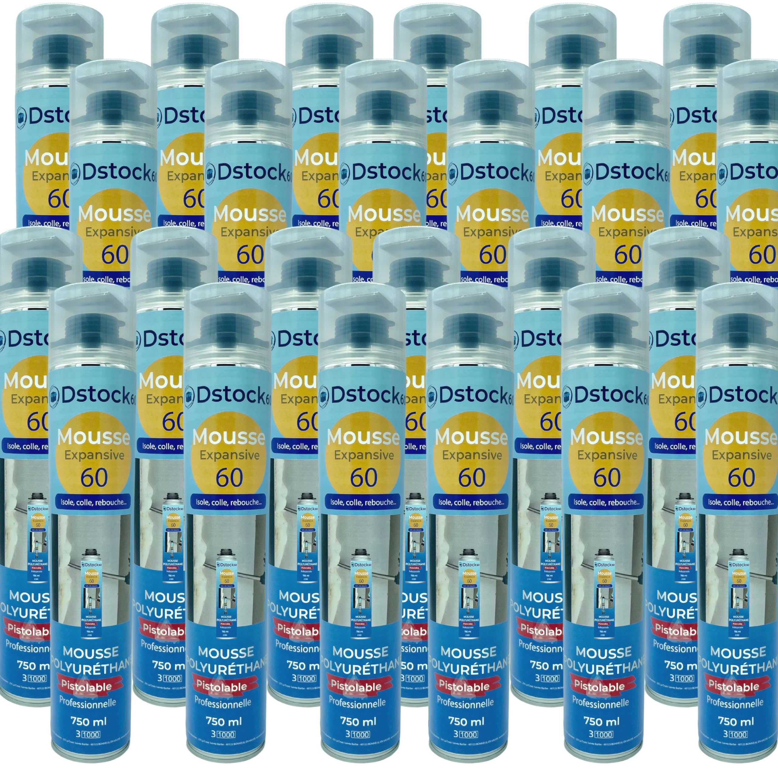 DSTOCK60 - Lot de 24 mousses expansives pistolables 750 ml - Mousse polyuréthane professionnelle - Isole, colle et rebouche - Mousse pistolable - Extérieur et intérieur