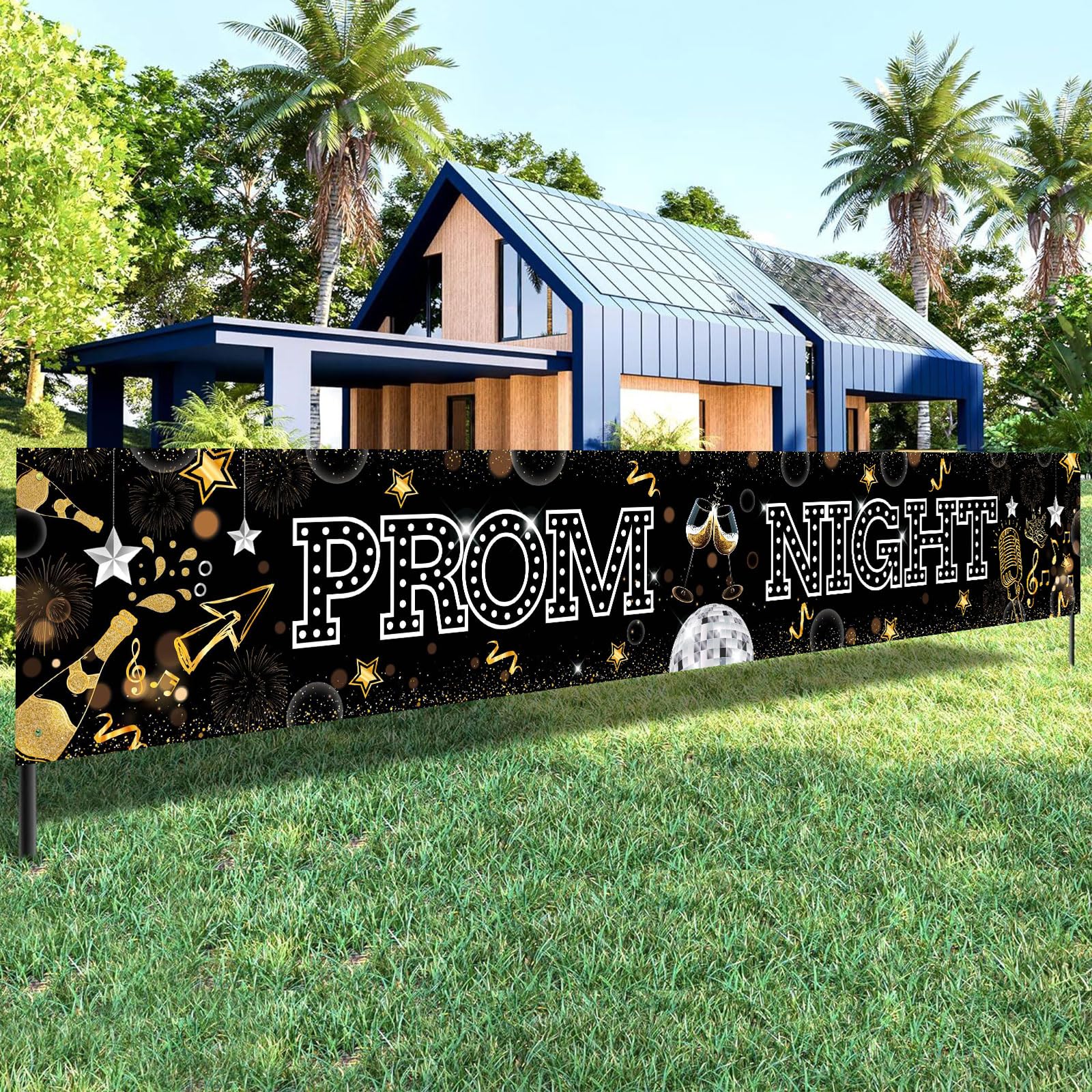 iwiio Prom Decorations 2025 Prom Night Banner Black Gold Sliver Banner Graduation Party Decorations Photo Backdrop for Indoor Outdoor Supplies 270 X 40 cm