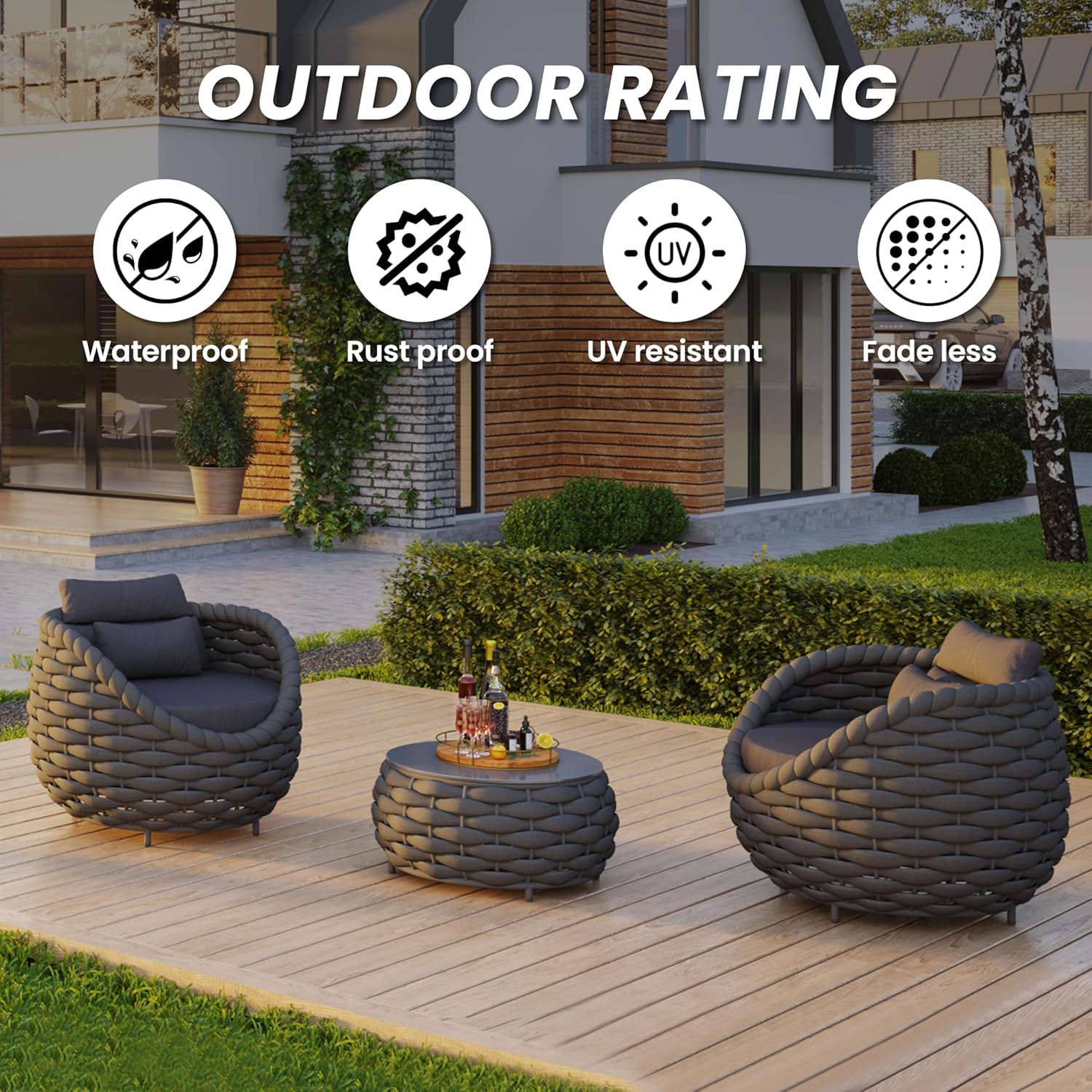 Front Porch Accent Chair: Aluminum Woven Rope Armchair Assembled - Cushioned Patio Single Chair w/Arms Modern - All Weather Balcony Furniture for 400lbs Outdoor Yard Deck Pool Hotel, Dark Gray