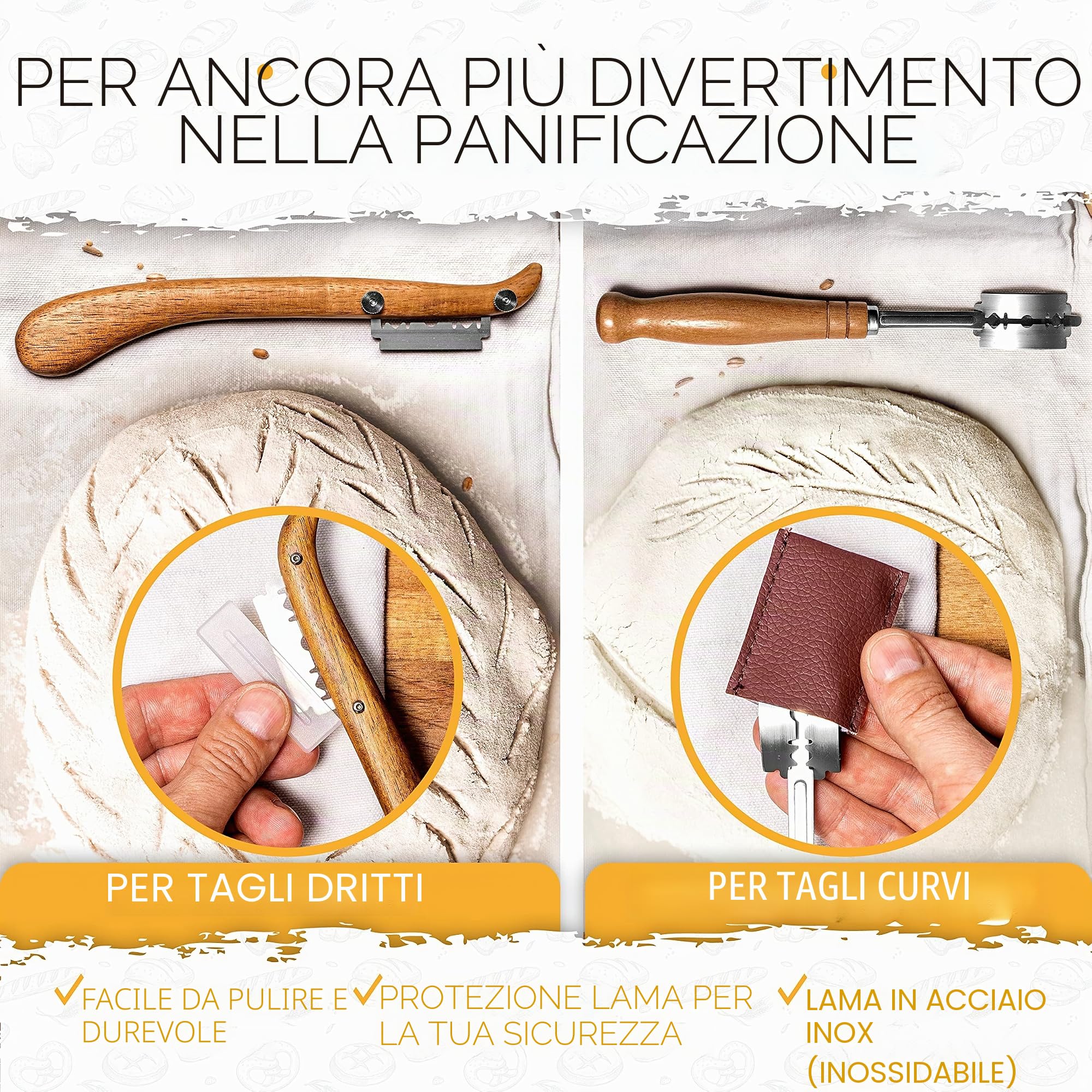 KRUSTENZAUBER Cestino per la lievitazione per il pane + coltello da panetteria, set di 2 cestini e 2 coltelli da pasta, accessori per la cottura, cestino per il pane, teglia per il pane e il pane