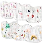 Zainpe 6Pcs Snap Muslin Cotton Bibs for Baby Rainbow Unicorn Flamingo Machine Washable Burp Cloths with 6 Absorbent Soft Layers for Girl&Boy Infant Newborn Toddler Feeding Drooling Teething