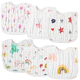 Zainpe 6Pcs Snap Muslin Cotton Bibs for Baby Rainbow Unicorn Flamingo Machine Washable Burp Cloths with 6 Absorbent Soft Layers for Girl&Boy Infant Newborn Toddler Feeding Drooling Teething