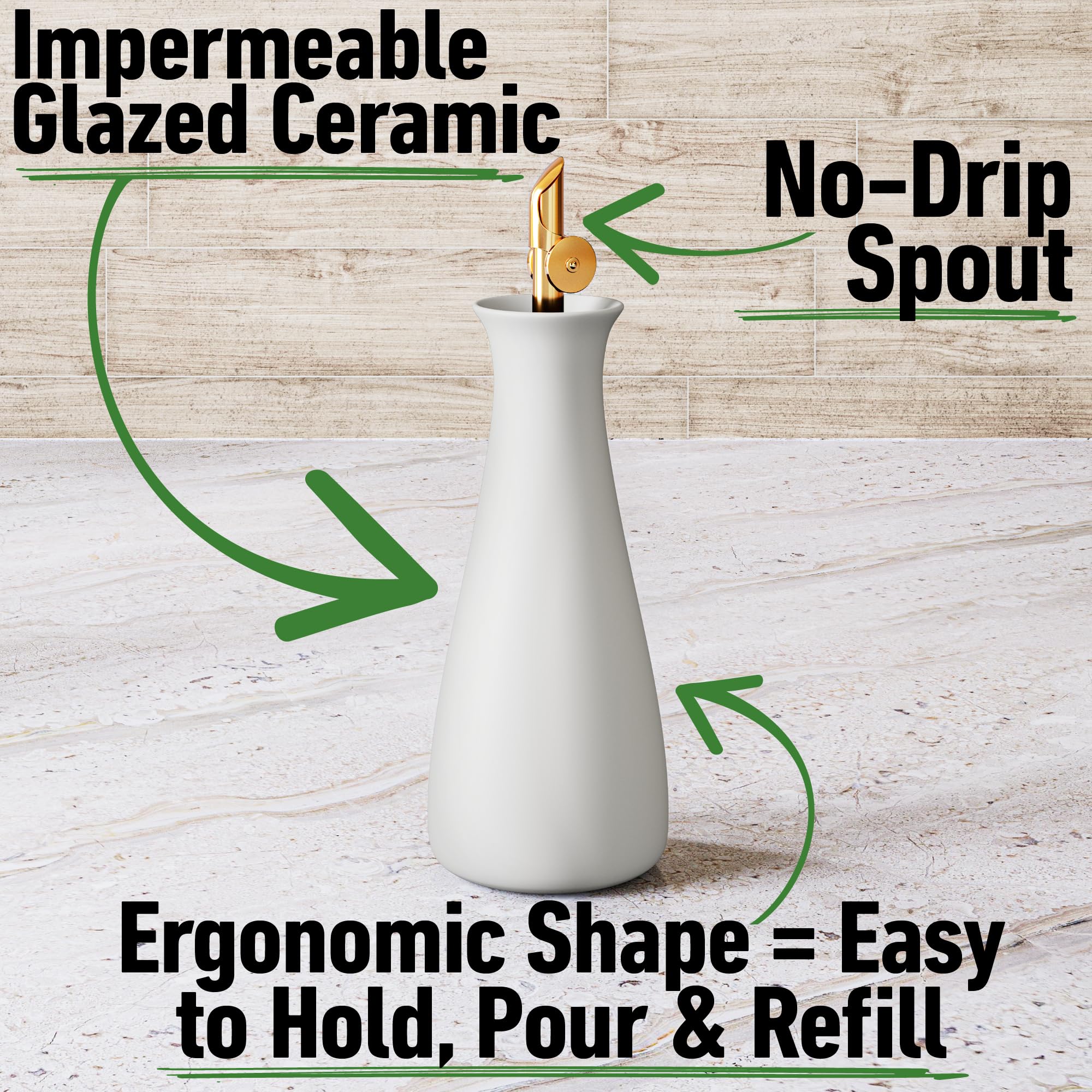 Dispensador de aceite de oliva de cerámica con boquilla dorada de cierre automático, dispensador de aceite de cerámica blanca mate para cocina, dispensador de aceite de oliva de cerámica para cocina,
