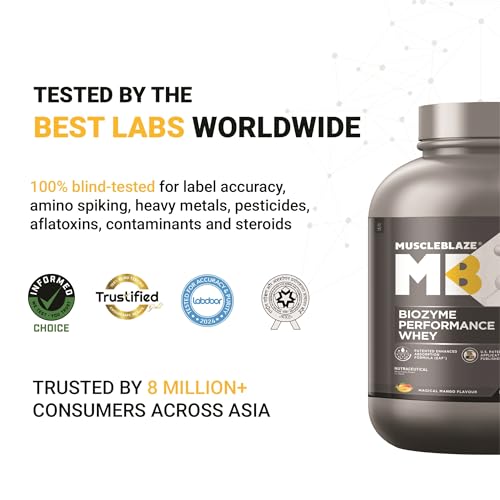 Image of MuscleBlaze Biozyme Performance Whey Protein Powder, Magical Mango (2kg / 4.4lbs) & Micronised Creatine Monohydrate CreAMP, Unflavoured (32 Servings, 100g) | Combo Pack