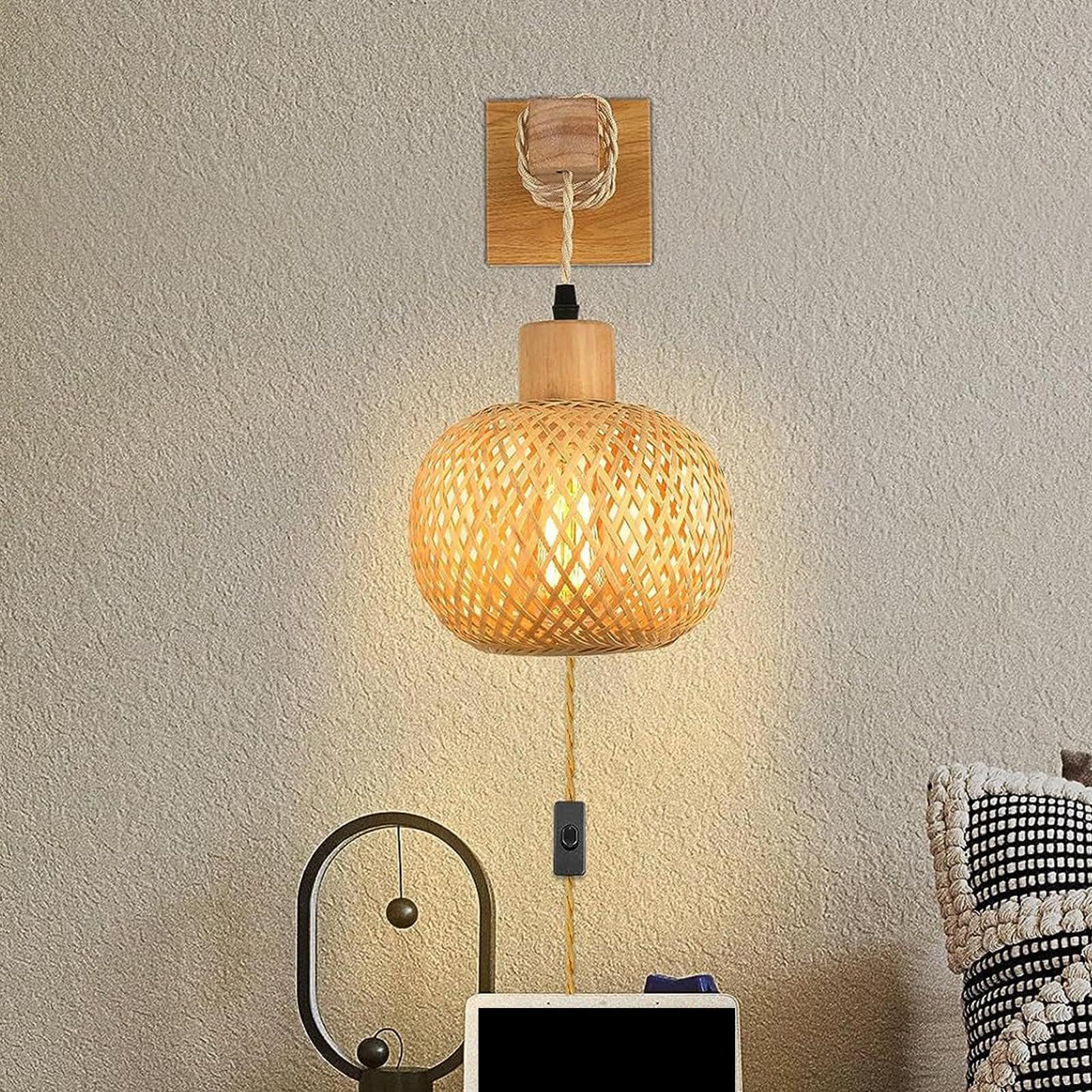 Lámpara de Pared de Bambú, Aplique de Pared, Lámpara Colgante, Tejida a Mano, Portalámparas, Diseño Artesanal para Baño, Comedor, Pasillo,