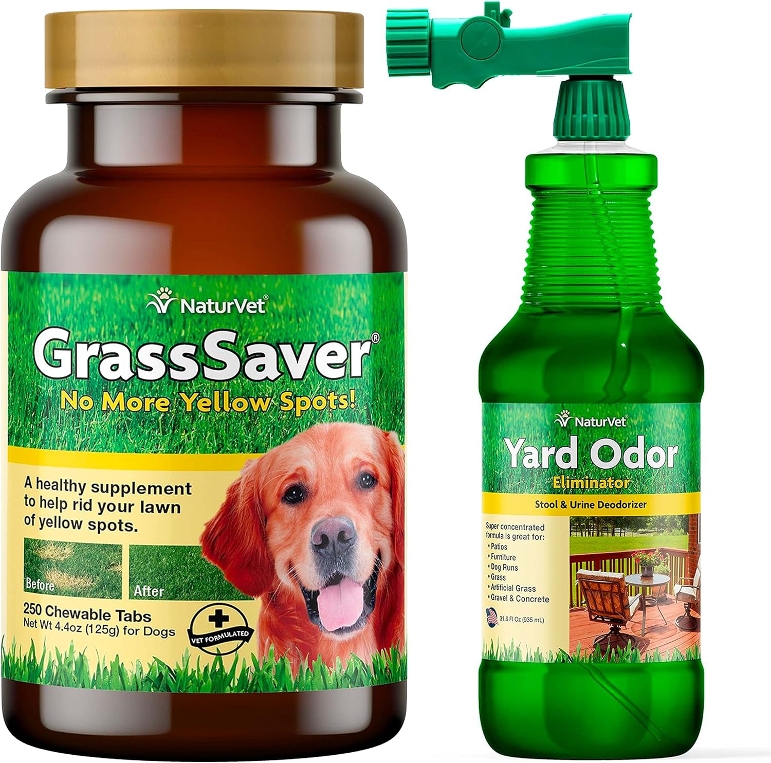 NaturVet GrassSaver 250 Ct & Yard Odor Eliminator Plus 32 Oz Refill Bundle | Keep Grass Green, Rid Your Lawn of Yellow Patches Caused by Dog Urine | Eliminate Stool & Urine Odors from Lawn