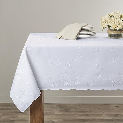 Violet Linen Dublin - Mantel de diseño bordado blanco de 72 x 140 pulgadas, rectangular, rectangular