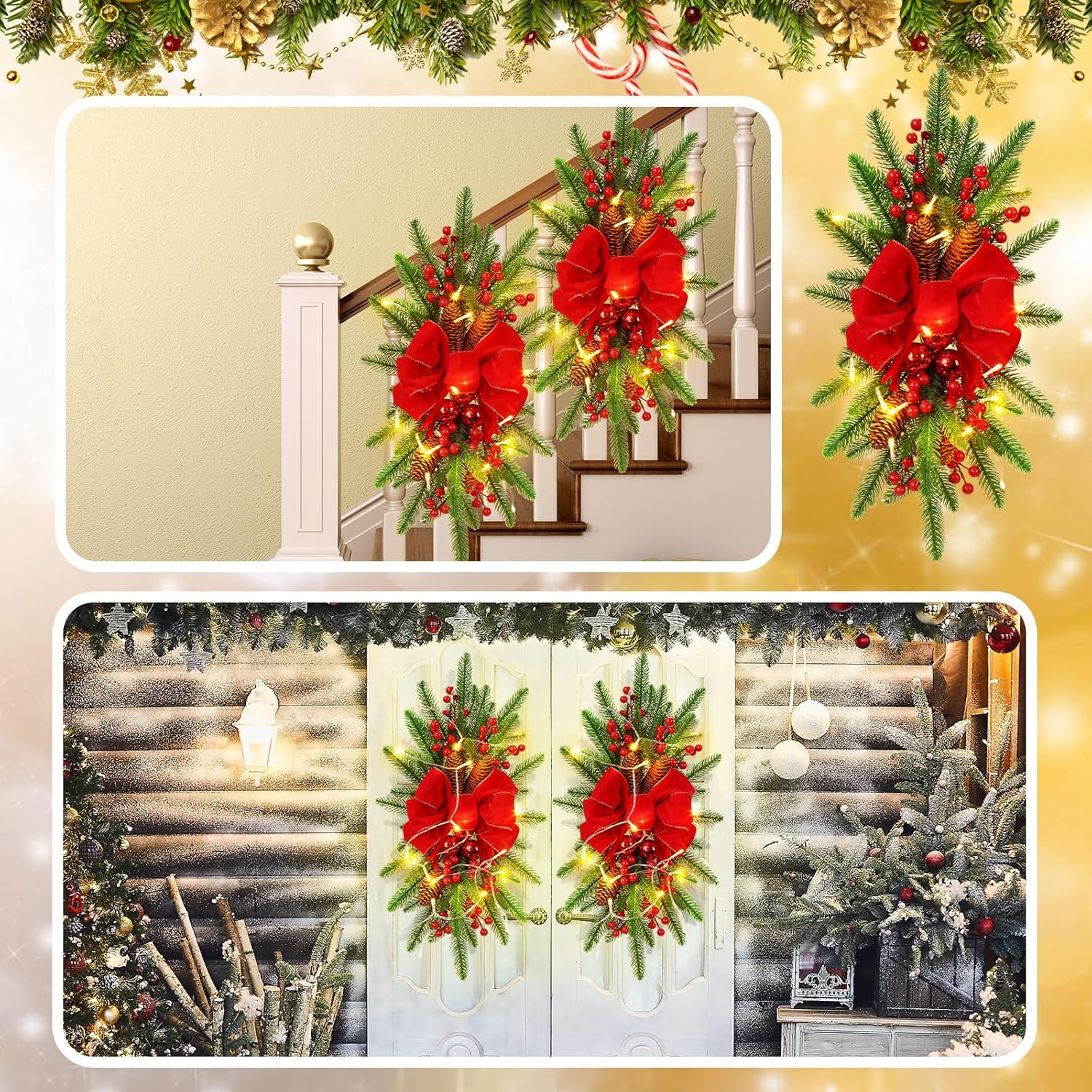 Hiboom 3 Pack Artificial Christmas Teardrop Swags 24" Xmas Cordless Prelit Stairway Swag Christmas Garland Stairs Rails Decoration with LED Lights for Indoor Outdoor(Red,Classic Style)