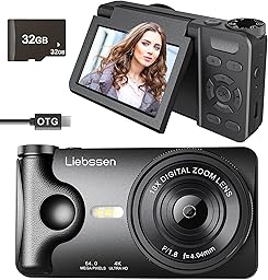 4K Digital Camera 64MP Autofocus 3.0'' 180° Flip Screen Portable for Photo & Vlog Featuring Time Lapse & Slow Motion & 20 Filters 32GB 2000mAh Ideal for Social Media Creators Beginner&Childen