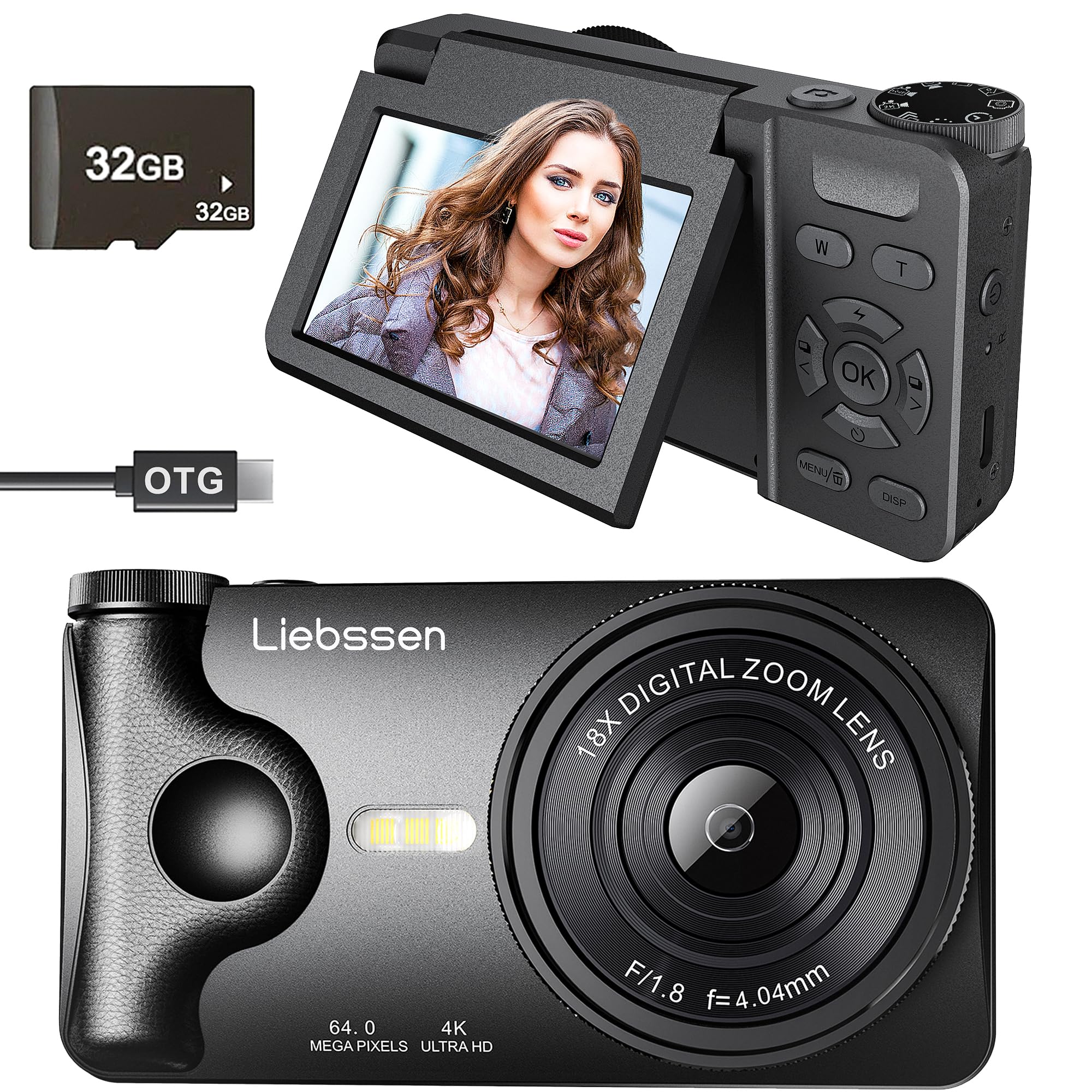 4K Digital Camera 64MP Autofocus 3.0'' 180° Flip Screen Portable for Photo & Vlog Featuring Time Lapse & Slow Motion & 20 Filters 32GB 2000mAh Ideal for Social Media Creators Beginner&Childen