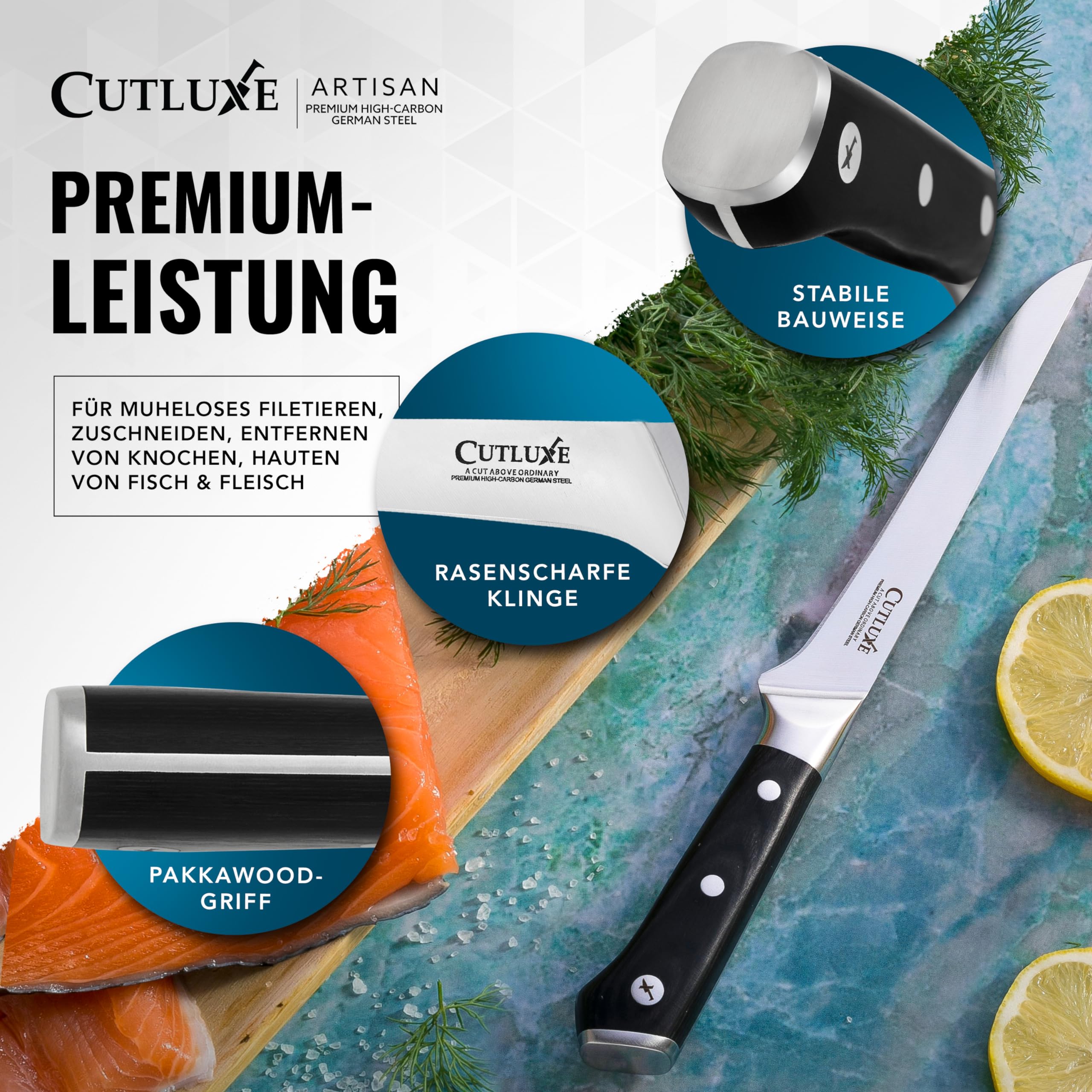 Cutluxe BBQ Messerset mit 2 - Fleischmesser & Filetiermesser zum Schneiden von Fleisch - Küchenmesser Scharf - deutscher Stahlklinge - Full Tang - Ergonomische Griffe - Artisan Serie