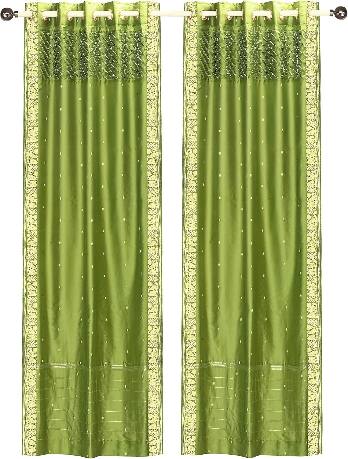 Indian Selections Lined-Olive Green Hand Crafted Grommet Sheer Sari Curtain Drape -43Wx84L-Piece