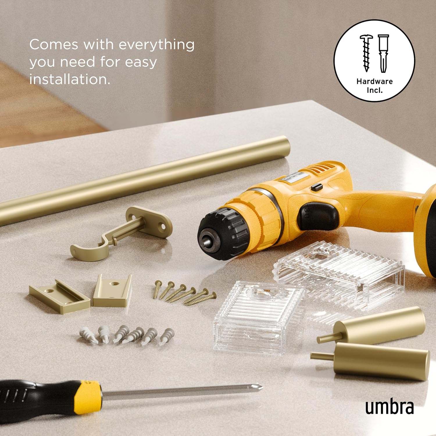 Umbra Flute Curtain Rod 1" Diameter, Adjustable 42"–120", Gold – Modern Telescoping Window Rod Set with Decorative Wall Brackets & Easy Installation Hardware