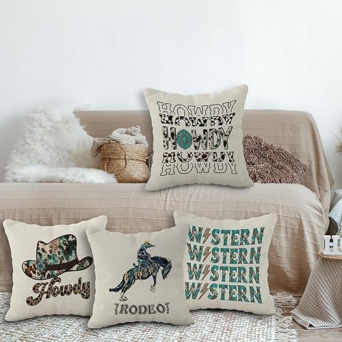Miniatura 2 de Juego de 4 fundas de almohada retro occidentales con estampado de vaquera Howdy Rodeo, leopardo, turquesa, 18 x 18 pulgadas, regalos para