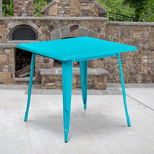 EMMA + OLIVER Commercial Grade 31.5" Square Teal-Blue Metal Indoor-Outdoor