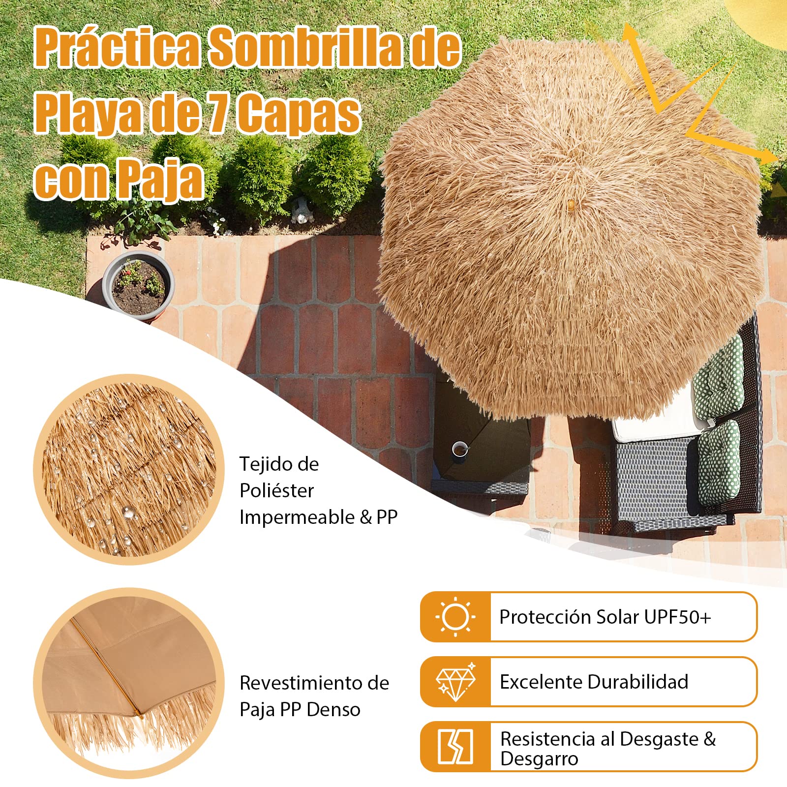 COSTWAY Sombrilla playa, Sombrilla Terraza Exterior con Apariencia de Paja y 8 Costillas, Sombrilla de Playa Inclinable y Plegable para Jardín, Parasol Exterior sin Base