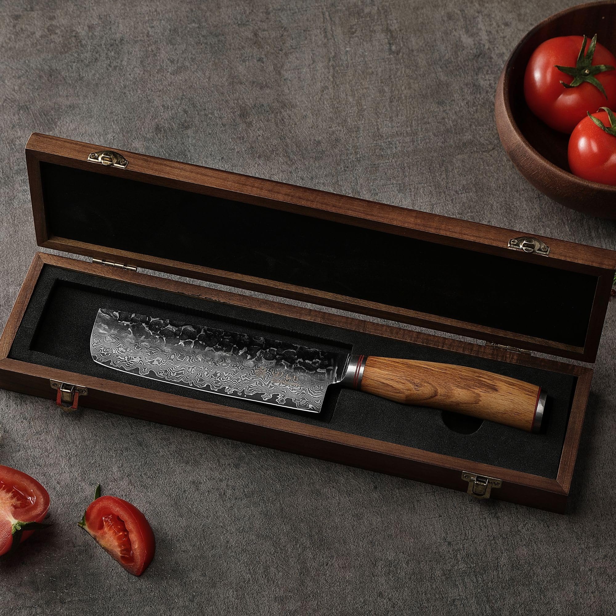 WAKOLI Couteau Nakiri de Cuisine en Damas, 17,5 cm, Manche en Olivier