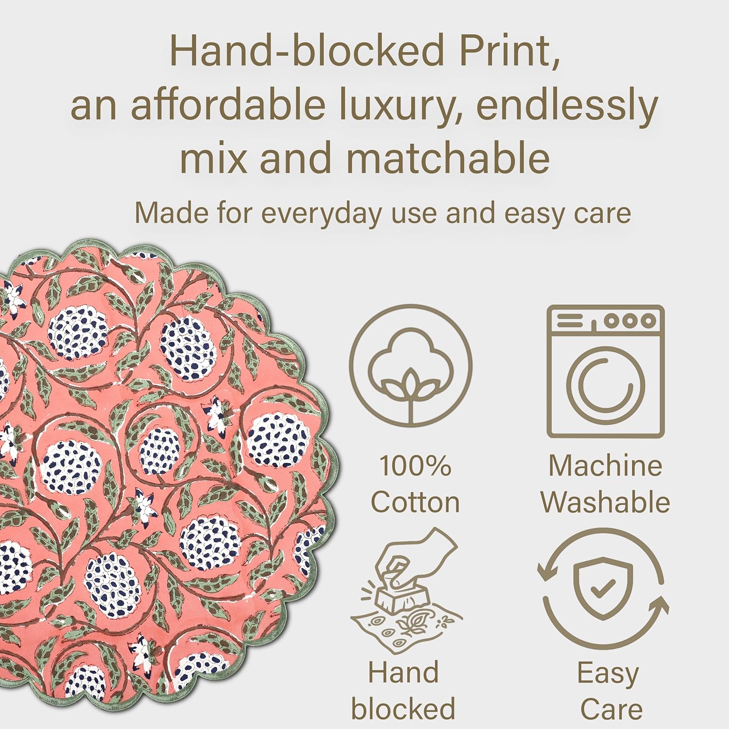 Ridhi Dark Salmon Bo-ho Round Place Mat Double Layer Floral Cotton Washable Placemats 15" Round Embroidery Block Print Table Mat (Pack of 4-15 Inch Round)