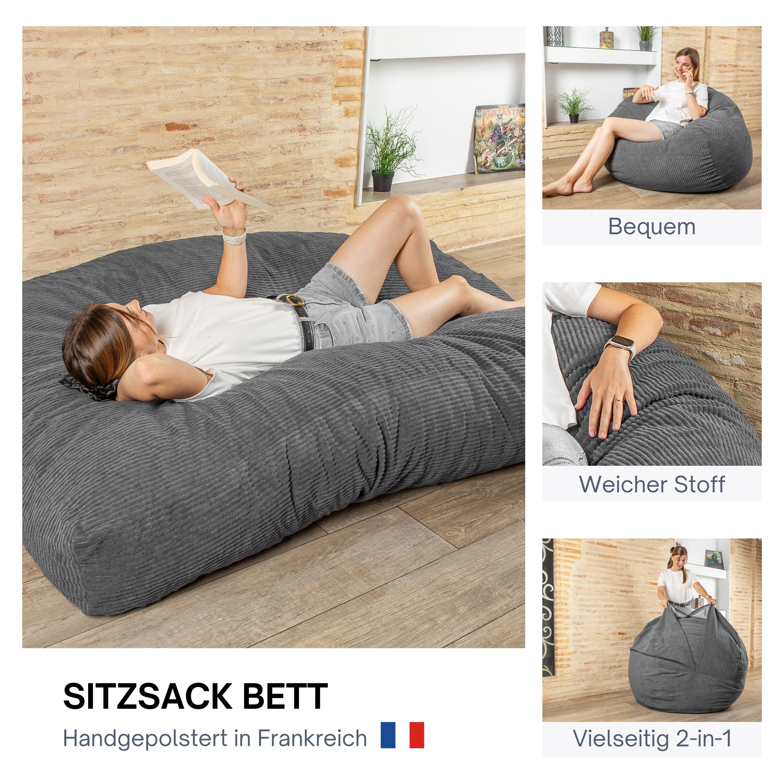 bananair - Sitzsack Bett XXL, Verwandelt Sich Mühelos In Eine Bequeme Und Weiche Bodenmatratze – Cordstoff Und Schaumfüllung – Vielseitiges Bean Bag Bed, Futon, Faltbare Matratze (Dunkelgrau)