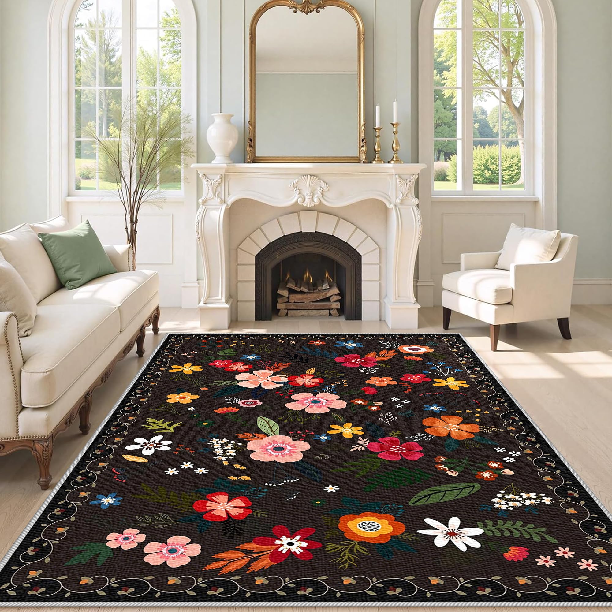 Dywan do salonu, sypialni, styl vintage, 170 x 190 cm, nadaje się do prania, antypoślizgowy dywan do jadalni, biura, z krótkim włosiem, do sypialni, salonu, sypialni, sypialni, pokoju dziennego