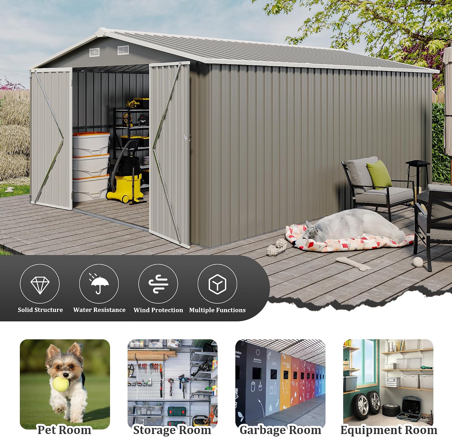 KEIKI 10x 14 FT Metal Storage Shed Outdoor, Large Garden Shed with Roof & Lockable Doors, Utility Tool Sheds Frame & 4 Vents for Patio Backyard Bicycles Storage House, All Weather Use, Light Grey