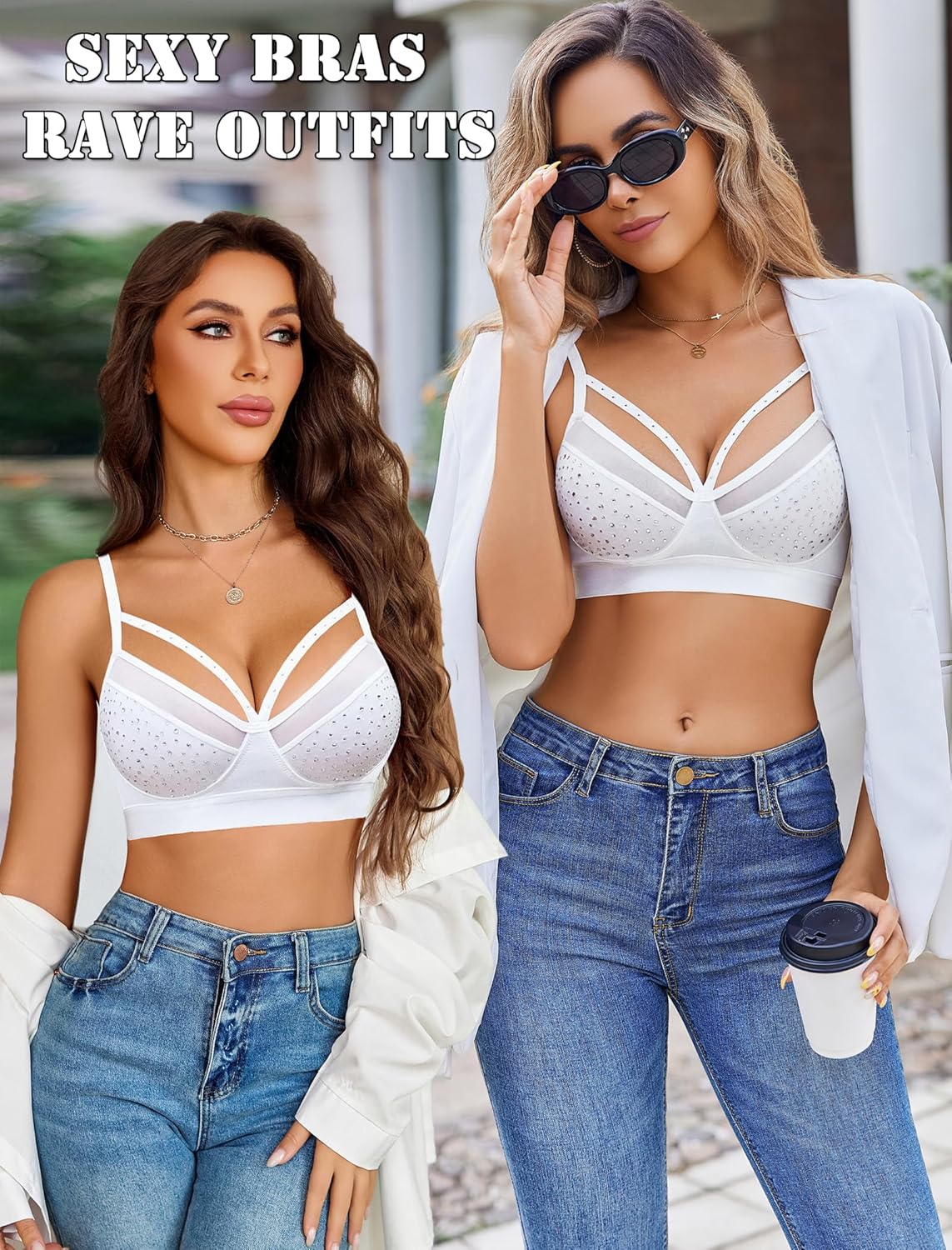 Avidlove Sexy Bras for Women Rhinestone Wireless Bralettes Lace V Neck Wirefree Bra Strappy Rave Outfit NO Padded - Image 5