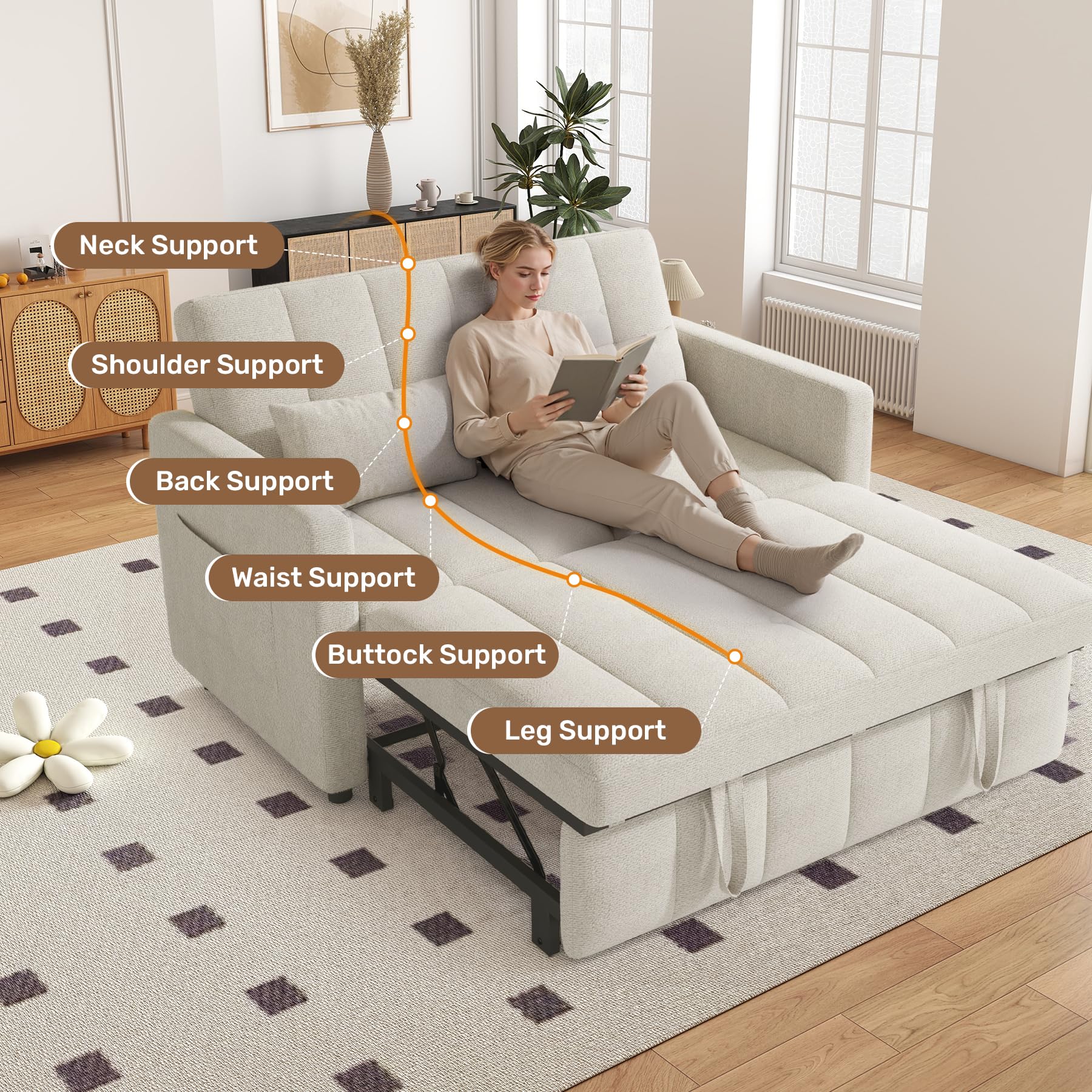 Nebuaegis Sleeper Sofa Bed,3-in-1 Convertible Pull Out Couch with Adjustable Backrest for Living Room,Loveseat Sofa Bed with Side Pockets,Easy Assembly,Beige,1 PCS
