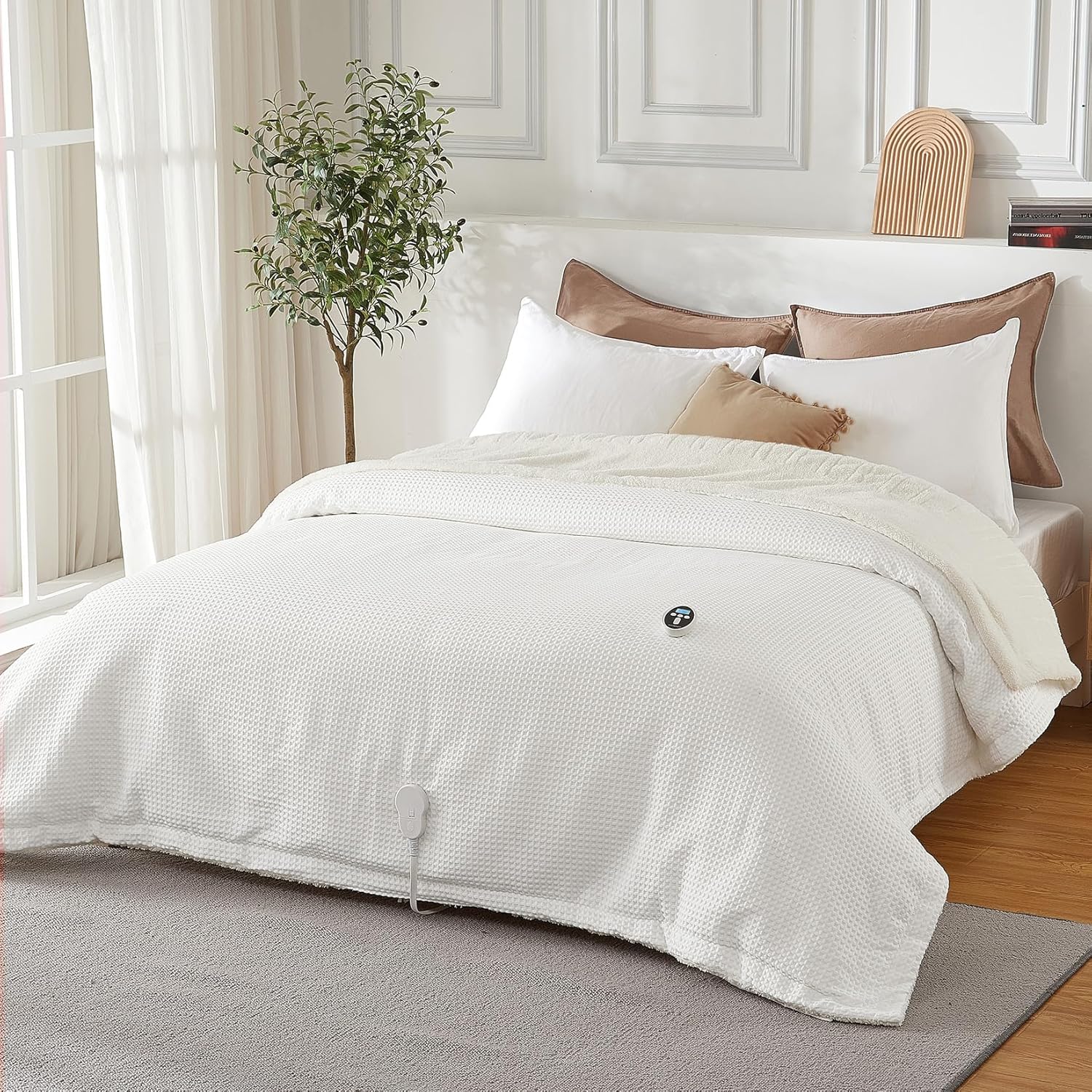 Electric Heated Blanket King Size 90"x100" Fast Heating with LCD Controller, 6 Adjustable Heat Levels & 10H Auto Off, Machine Washable Dual-Sided Waffle Weave and Sherpa for Year-Round Comfort, White