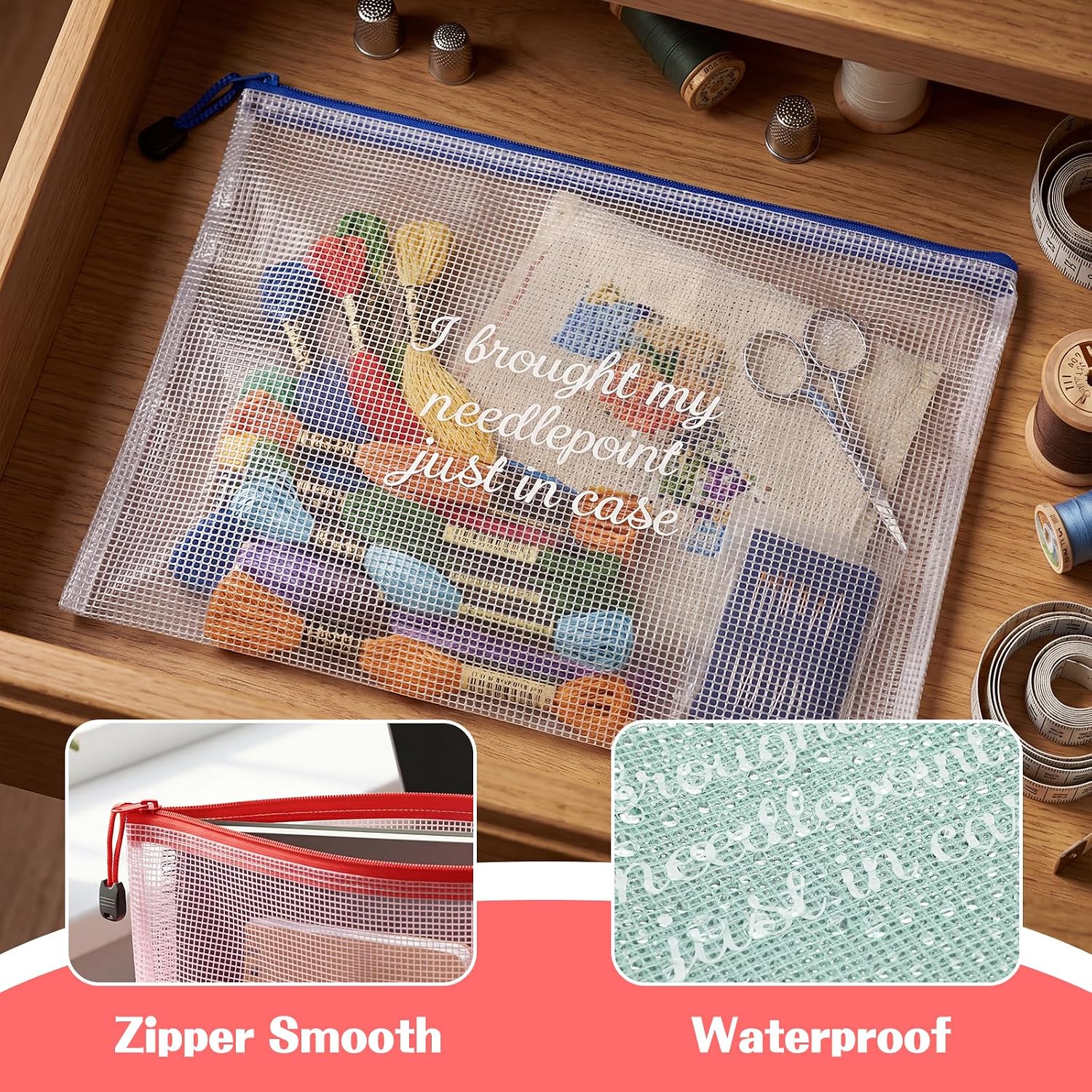 Hsei 5 Pack Needlepoint Project Bags, A4 Clear Mesh Zipper Pouches for Embroidery, Cross Stitch, Quilting and Sewing Supplies, 5 Colors Craft Organizer Art Stitching Gift 13.19 x 9.45 Inch