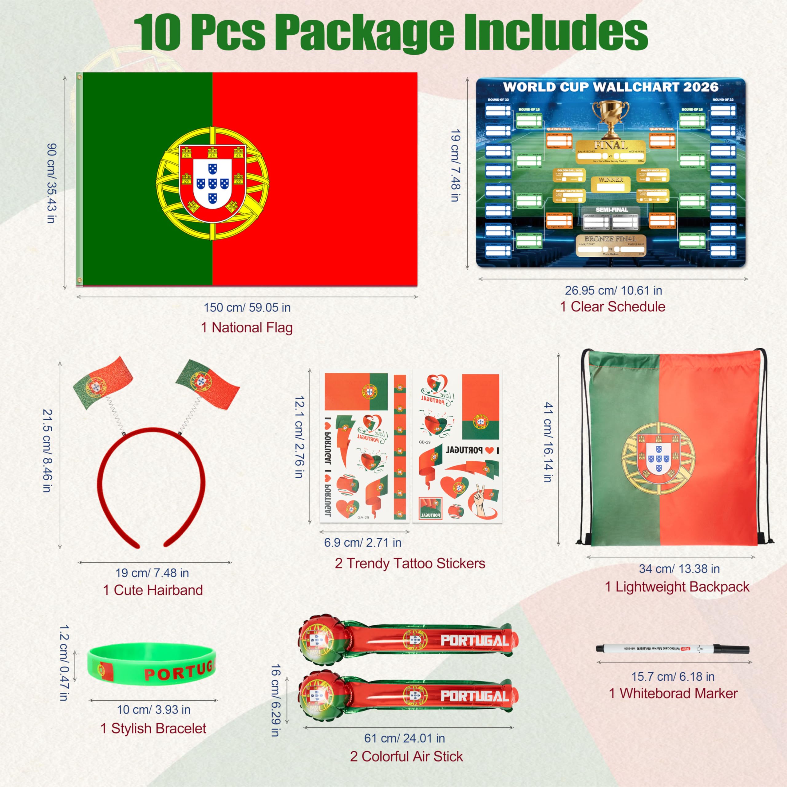 Set per tifosi della Coppa del Mondo 2026, include 10 kit per tifosi nazionali con fascia per la testa, 2 bastoncini di tuono, bandiera, braccialetto, borsa con coulisse, poster cancellabile a secco e