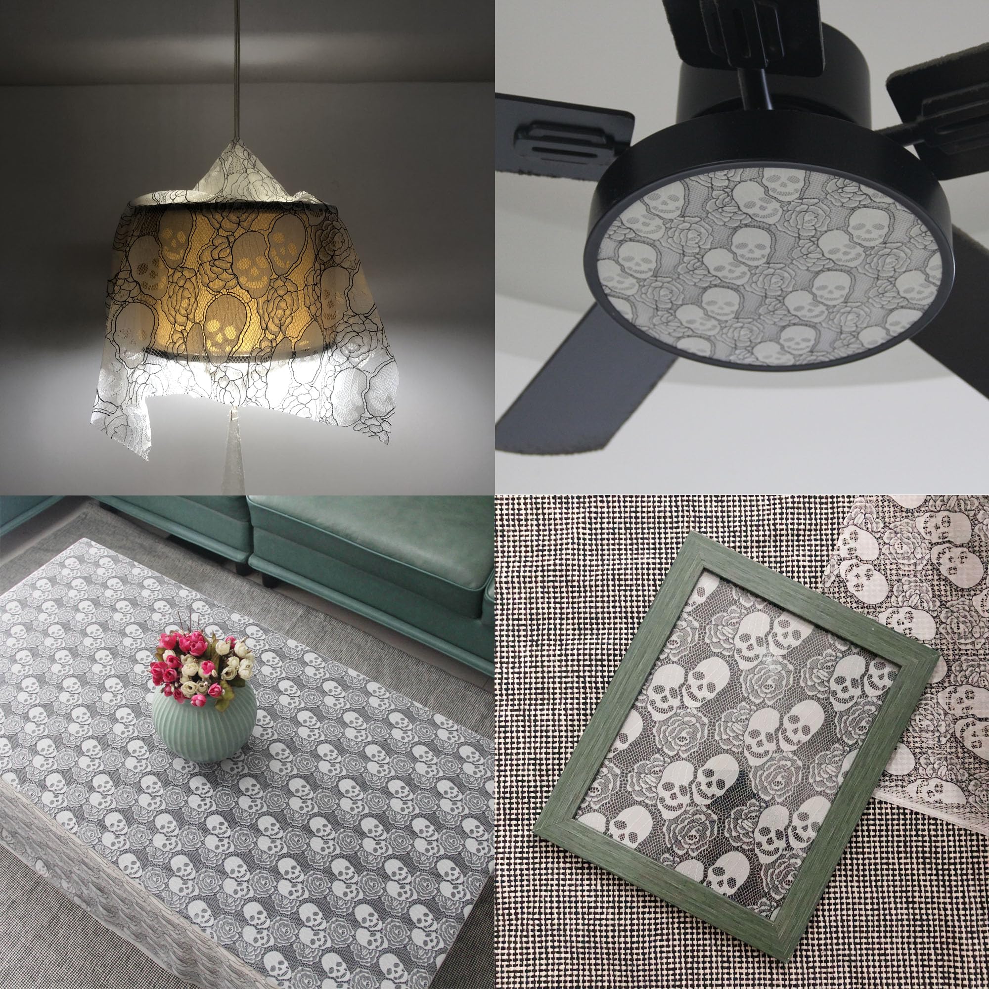 60 * 144 inches Lace Fabric, 4 Yard Black Skull Pettern Lace Fabric, 4 yd Non-Stretchy Lace, Soft Rose Design Lace Material for Halloween Home Decoration, Sewing Fabric Design (60x144 inch Black)