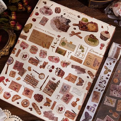 Miniatura 7 de emmoolife Cinta Washi y cintas de PET para diario, 3 rollos de cintas Washi vintage y 6 rollos de cinta de acuarela de resina impermeable, uso como