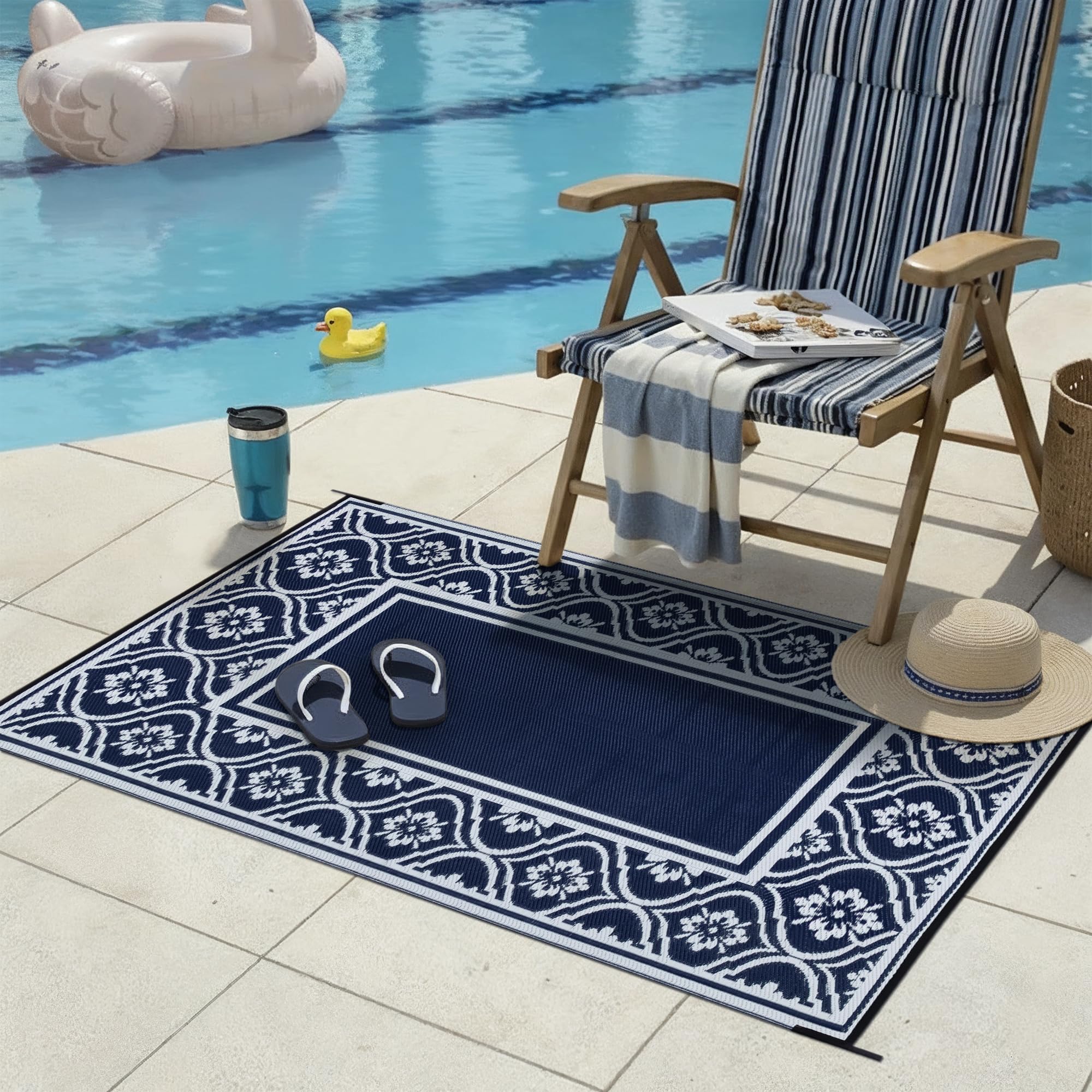 PureCozy Outdoor Teppich Wetterfest, 120x180cm Blau Wendbarer Balkon Camping Teppich Leichtgewicht Picknickdecke Kunststoff Terrasse Matte UV-beständige Wasserdichter Garten RV für Strand