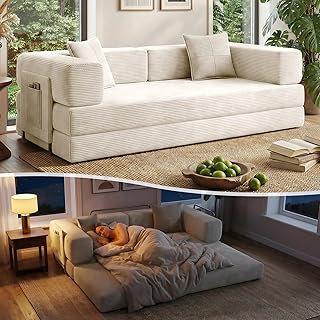 78.8" Convertible Sofa Bed with Armrest Pillow, 4-in-1 Sleeper Couch Bed for Livingroom, Modular Corduroy Boneless couches, No Assembly (Beige)