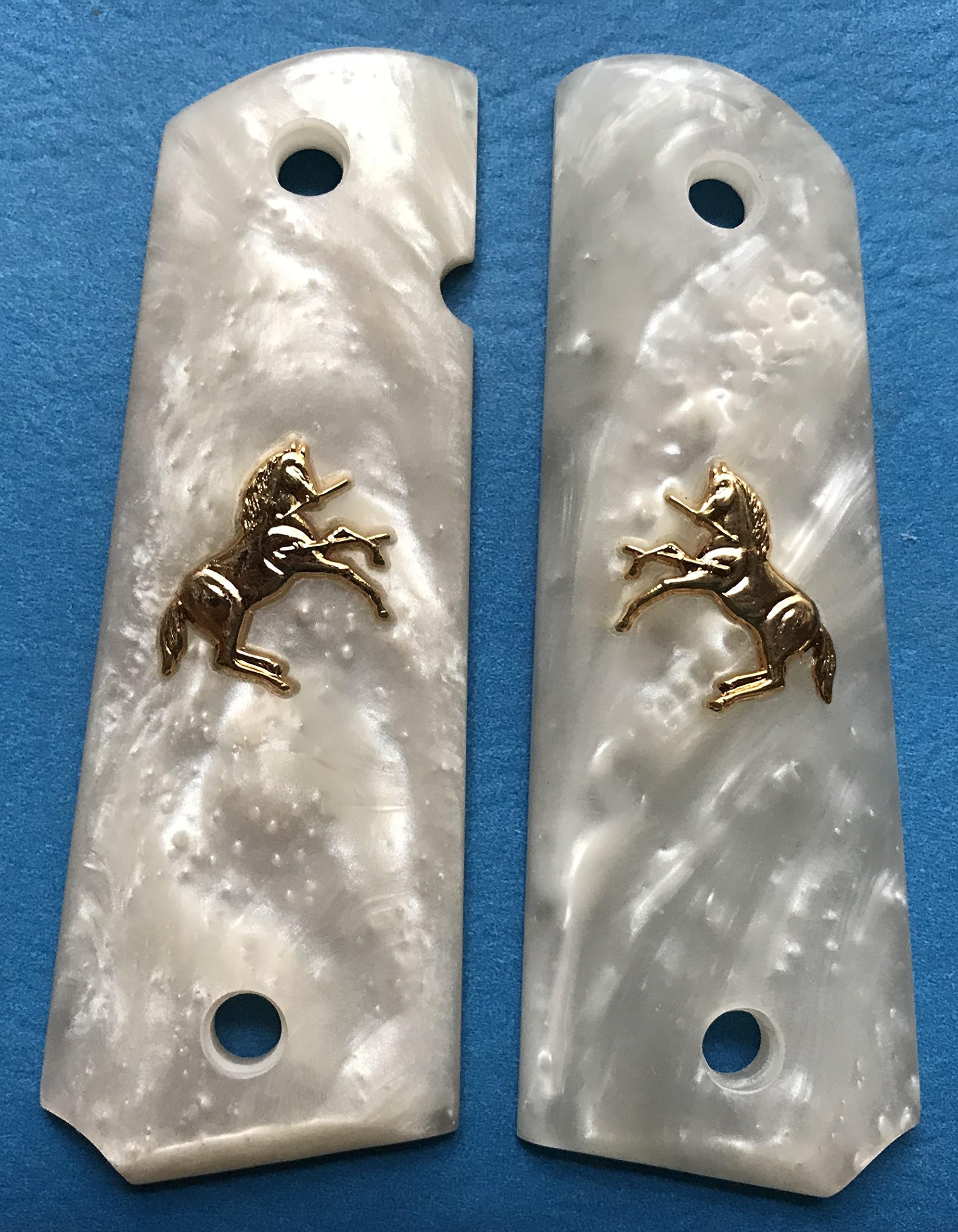 Colt 1911 Grips White Pearl Gold Horse