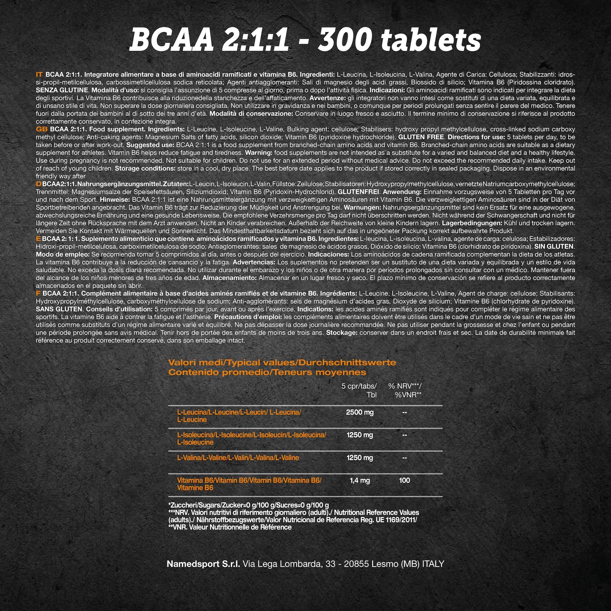 NAMEDSPORT SUPERFOOD BCAA 2:1:1 | EAA Aminoacidi Essenziali e Ramificati con Vitamina B6 | Recupero Muscolare e Sintesi Proteica | Intra Workout Palestra | 300 Compresse