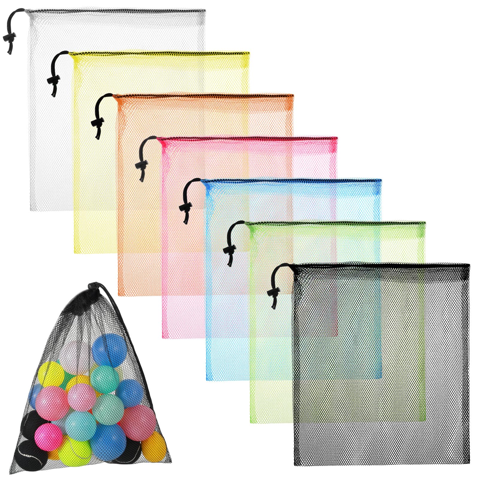 oruola 7pcs Mesh Bags Drawstring,45 x 30 CM Mesh Bag, Drawstring Bags for Storing Pool Beach Ball Toys,Net Storage Bag for Collecting Travel Sports Gym Yoga(7 Colors)